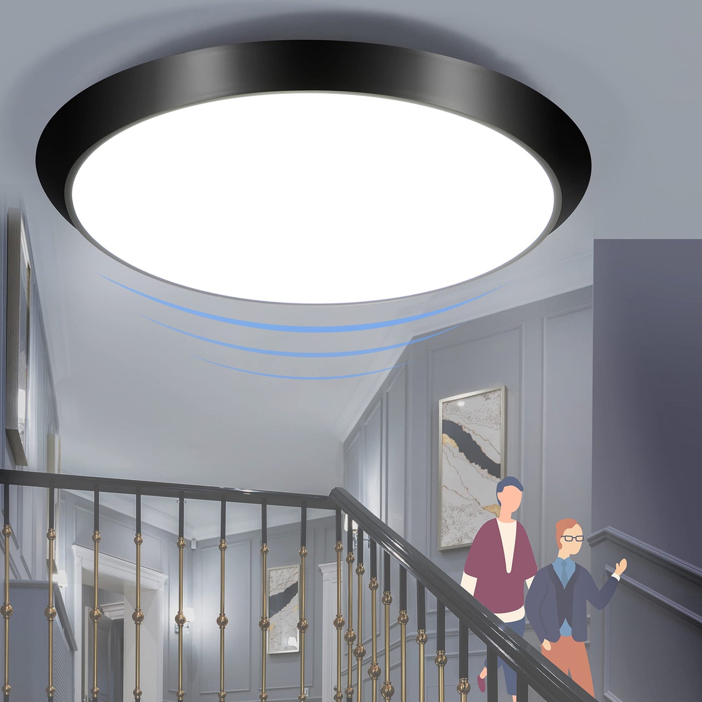 ZMH LED Deckenleuchte mit Bewegungsmelder Innen 15W LED Deckenlampe mit Bewegungssensor I IP44 Wasserdicht Sensor Lampe Schwarz Rund f¨¹r Flur Treppe Garage Balkon Keller Werkstatt ?30cm