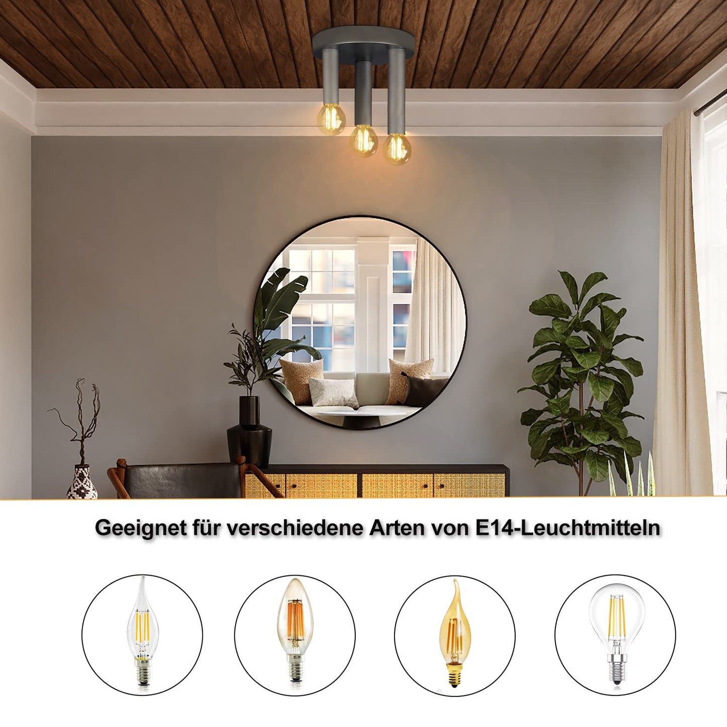 ZMH Vintage Deckenlampe Deckenleuchte 3-flammige - Retro Deckenspots E14 Industrial Wohnzimmerlampe Grau Schlafzimmerlampe mit 3 Spots Metall Kronleuchter f¨¹r Wohnzimmer K¨¹che flur bar