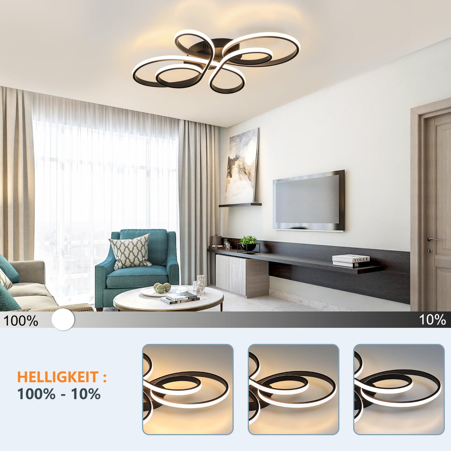 ZMH LED Deckenleuchte Dimmbar Deckenlampe Wohnzimmer Modern Schwarz mit Fernbedienung 65W aus Metall in Schmetterlingforming Design Wohnzimmerlampe f¨¹r Schlafzimmer Esszimmer Restaurant Arbeitzimmer