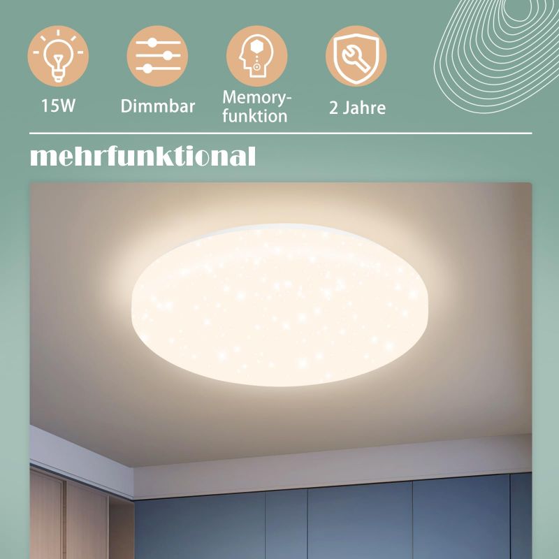 ZMH Deckenlampe LED Deckenleuchte Schlafzimmer - ?21cm Schlafzimmerlampe Sternenhimmel 15W Flurlampe Neutralwei? K¨¹chenlampe Rund Flur Deckenbeleuchtung Sternendekor f¨¹r K¨¹che Kinderzimmer Esszimmer