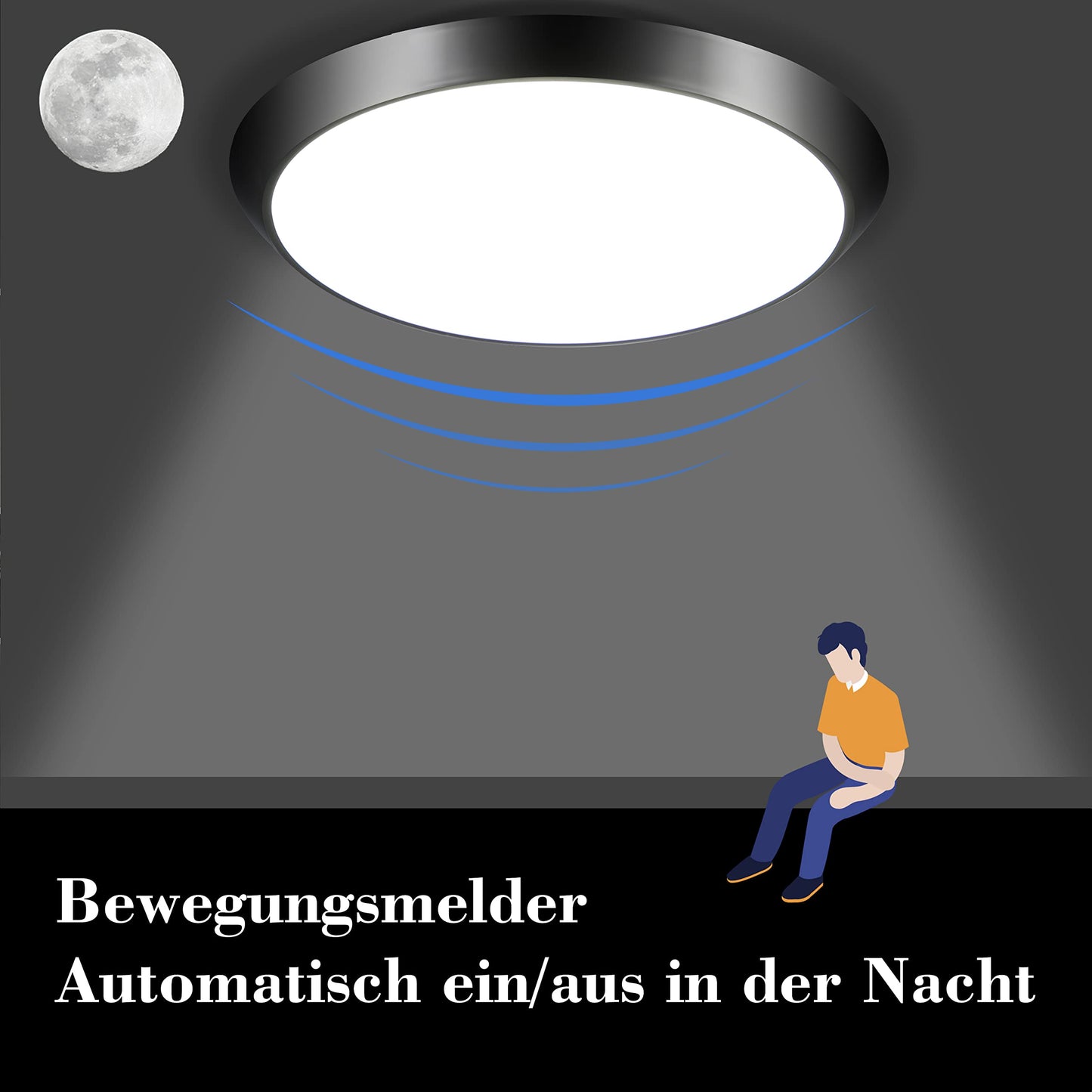 ZMH LED Deckenleuchte mit Bewegungsmelder Innen 15W LED Deckenlampe mit Bewegungssensor I IP44 Wasserdicht Sensor Lampe Schwarz Rund f¨¹r Flur Treppe Garage Balkon Keller Werkstatt ?30cm