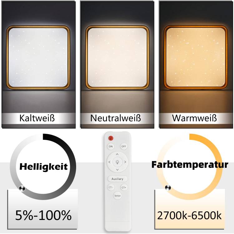 ZMH Deckenlampe LED Deckenleuchte Wohnzimmer - 40cm Wohnzimmerlampe Dimmbar mit Fernbedienung 44W Schlafzimmerlampe Schwarz Gold Schlafzimmer Deckenbeleuchtung Modern Quadratisch f¨¹r K¨¹che Flur