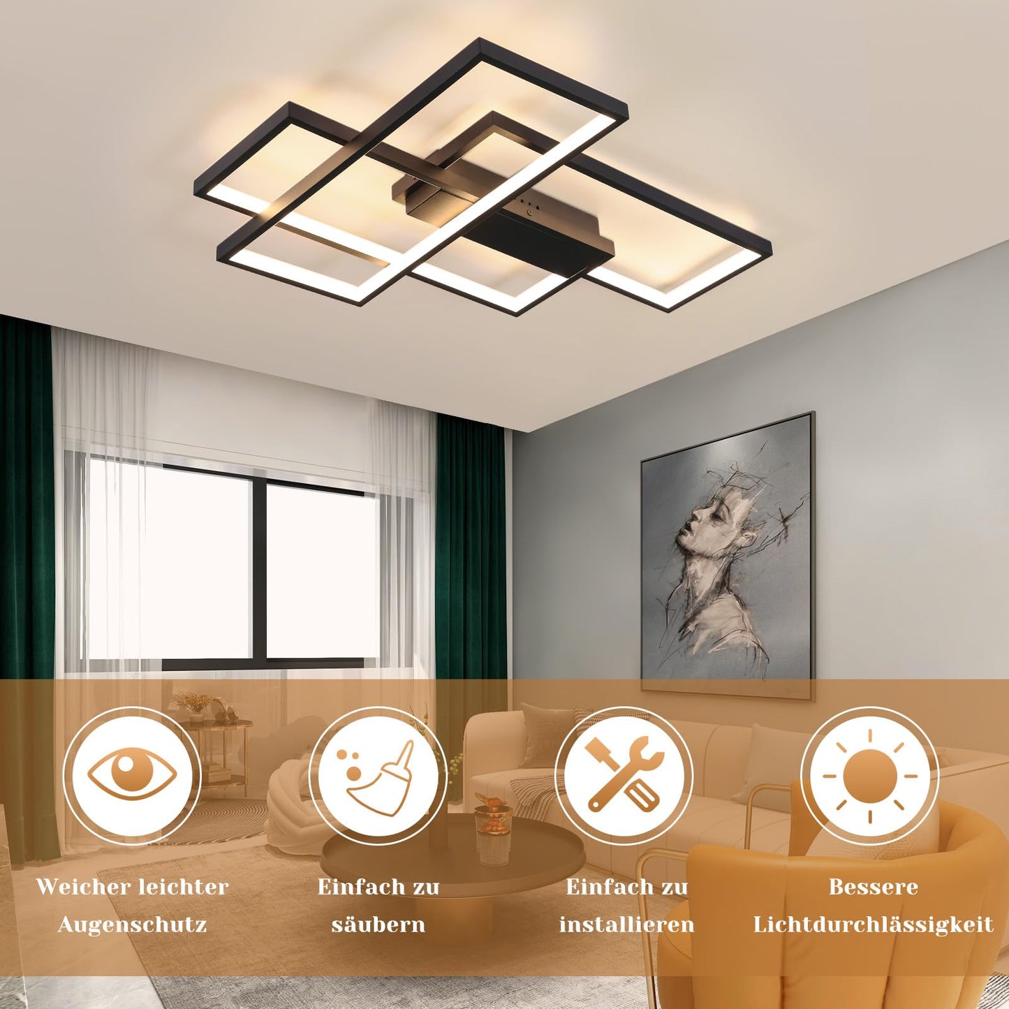 ZMH LED Deckenleuchte Modern Warmwei? Deckenlampe Geometrisch Wandlampe Schwarz Multifunktional Deckenbeleuchtung 35W f¨¹r Wohnzimmer Schlafzimmer Flur