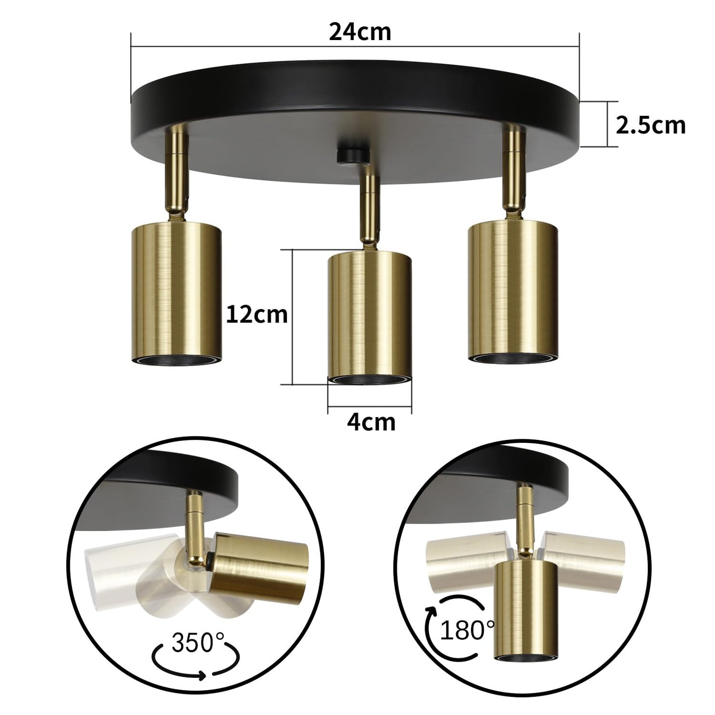 ZMH Deckenlampe Vintage 3 Flammig Deckenstrahler - Rund Deckenleuchte Modern Schlafzimmerlampe Schwarzgold E27 Kronleuchter Industrial Schwenkbar f¨¹r Schlafzimmer Esszimmer K¨¹che Flur Wohnzimmer