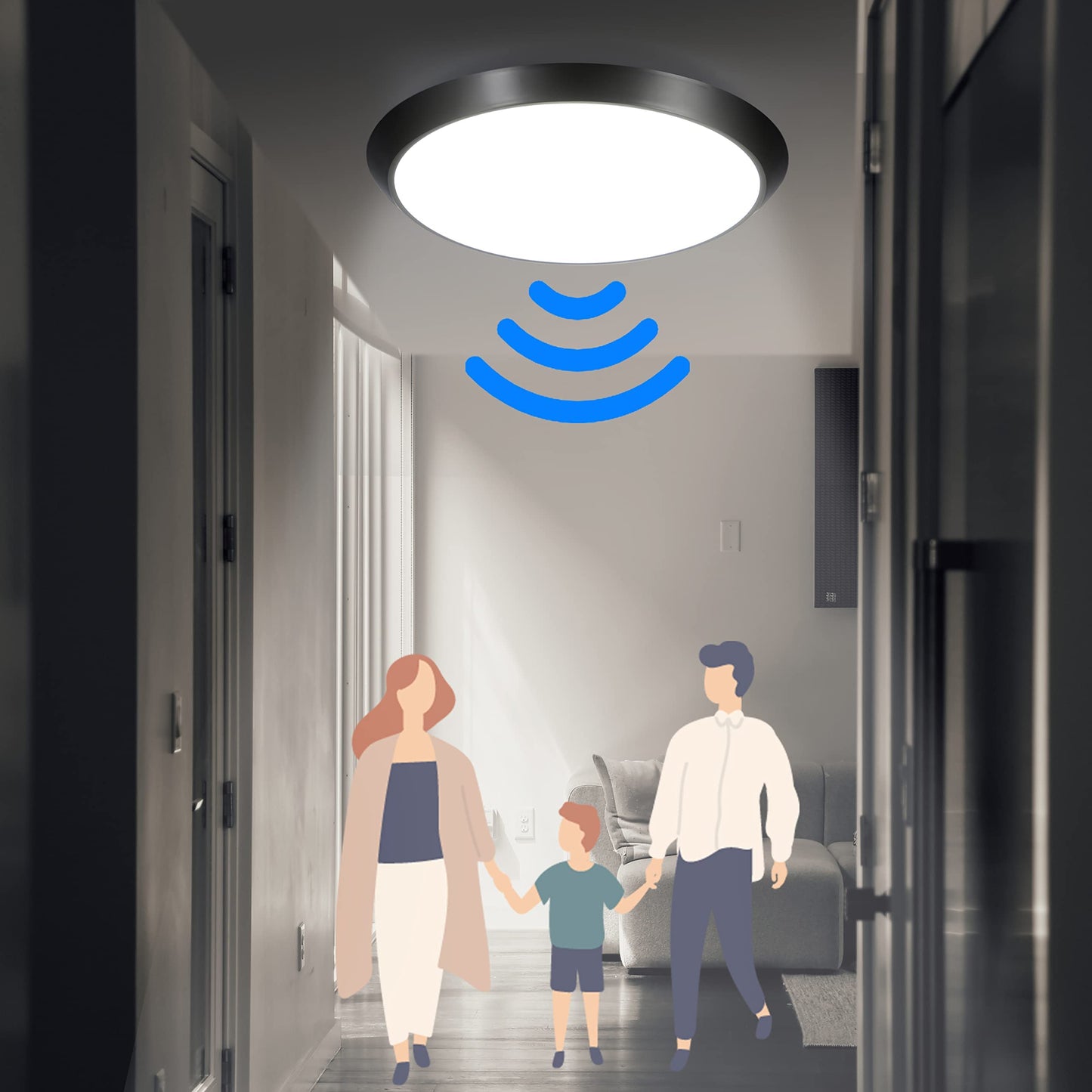 ZMH LED Deckenleuchte mit Bewegungsmelder Innen 15W LED Deckenlampe mit Bewegungssensor I IP44 Wasserdicht Sensor Lampe Schwarz Rund f¨¹r Flur Treppe Garage Balkon Keller Werkstatt ?30cm