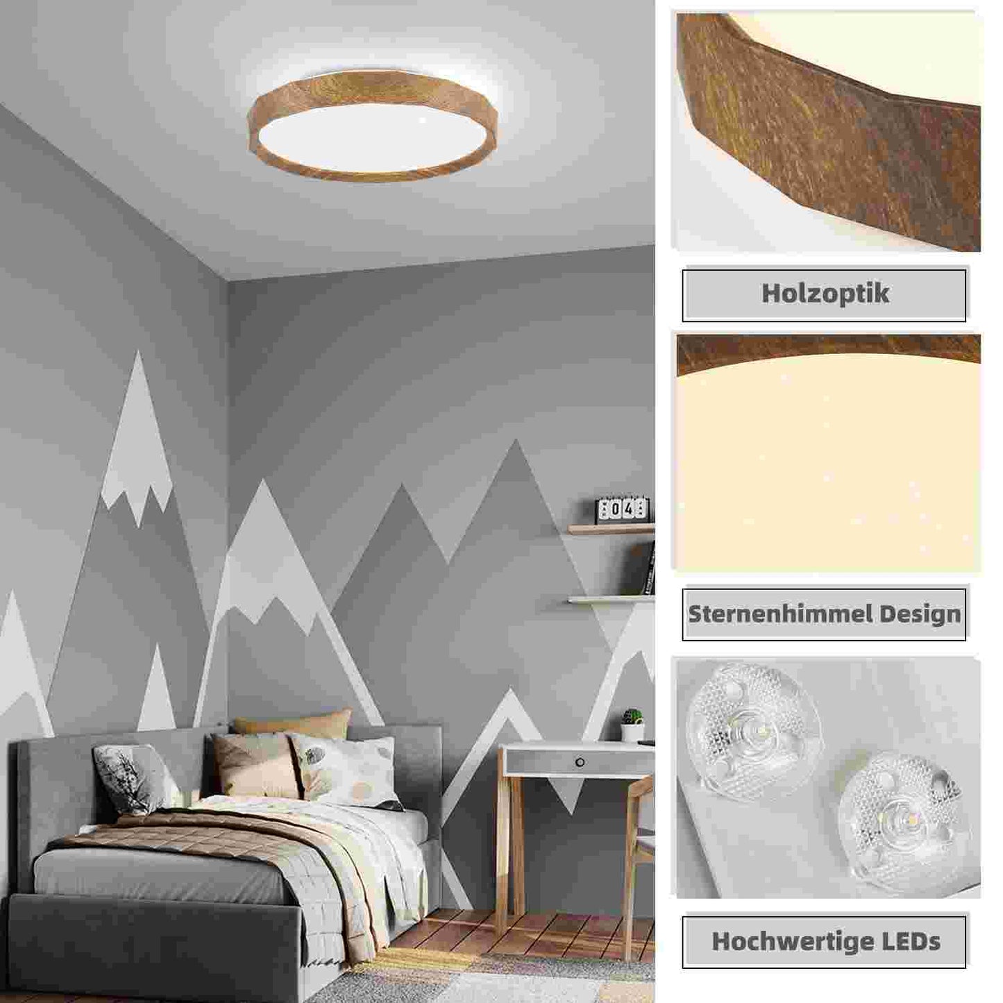 ZMH Deckenlampe LED Deckenleuchte Wohnzimmer - 43W Schlafzimmer Deckenbeleuchtung ?40cm Wohnzimmerlampe Boho Rund Sternenhimmel Dimmbar mit Fernbedienung Modern Holzoptik f¨¹r K¨¹che Flur Esszimmer