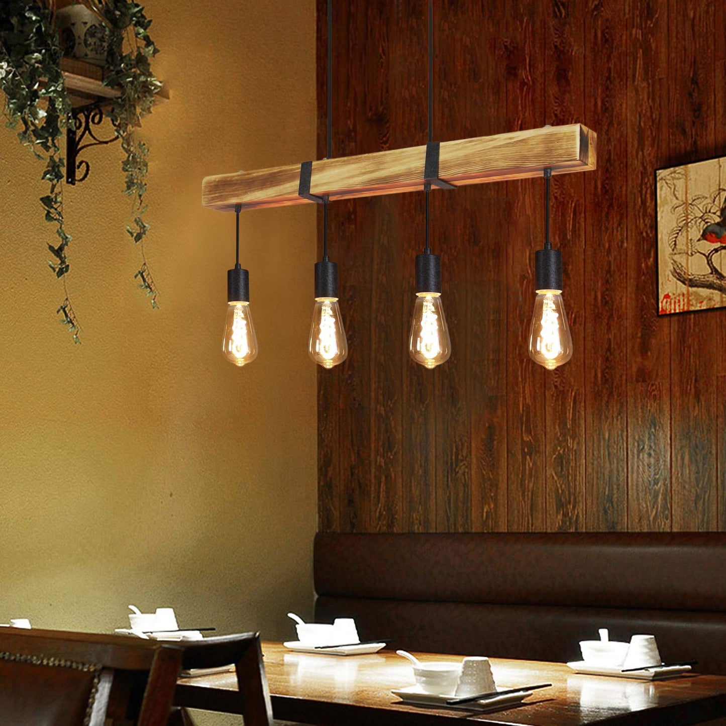 ZMH Vintage Pendelleuchte Holz Esstischlampe Retro H?ngeleuchte mit 80CM Holzbalken 4 x E27 max. 25 Watt H?ngelampe Industrial Pendellampe f¡§1r Esszimmer K¡§1che Wohnzimmer Bar Restaurant