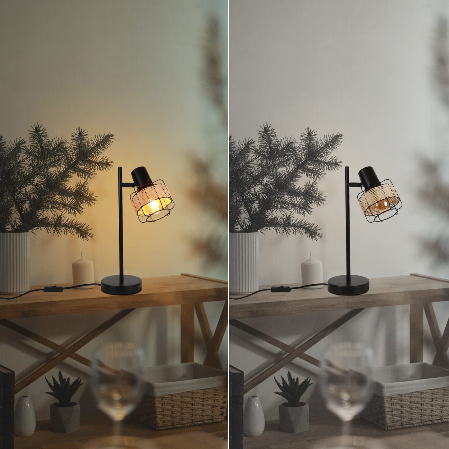 ZMH Tischlampe Vintage Landhaus Tischleuchte - Rattan Nachttischlampe Retro Schwarz Rustikal aus Bambus Metall mit Schalter E27 Boho in Natur Schwenkbar 120¡ã f¨¹r Wohnzimmer Schlafzimmer