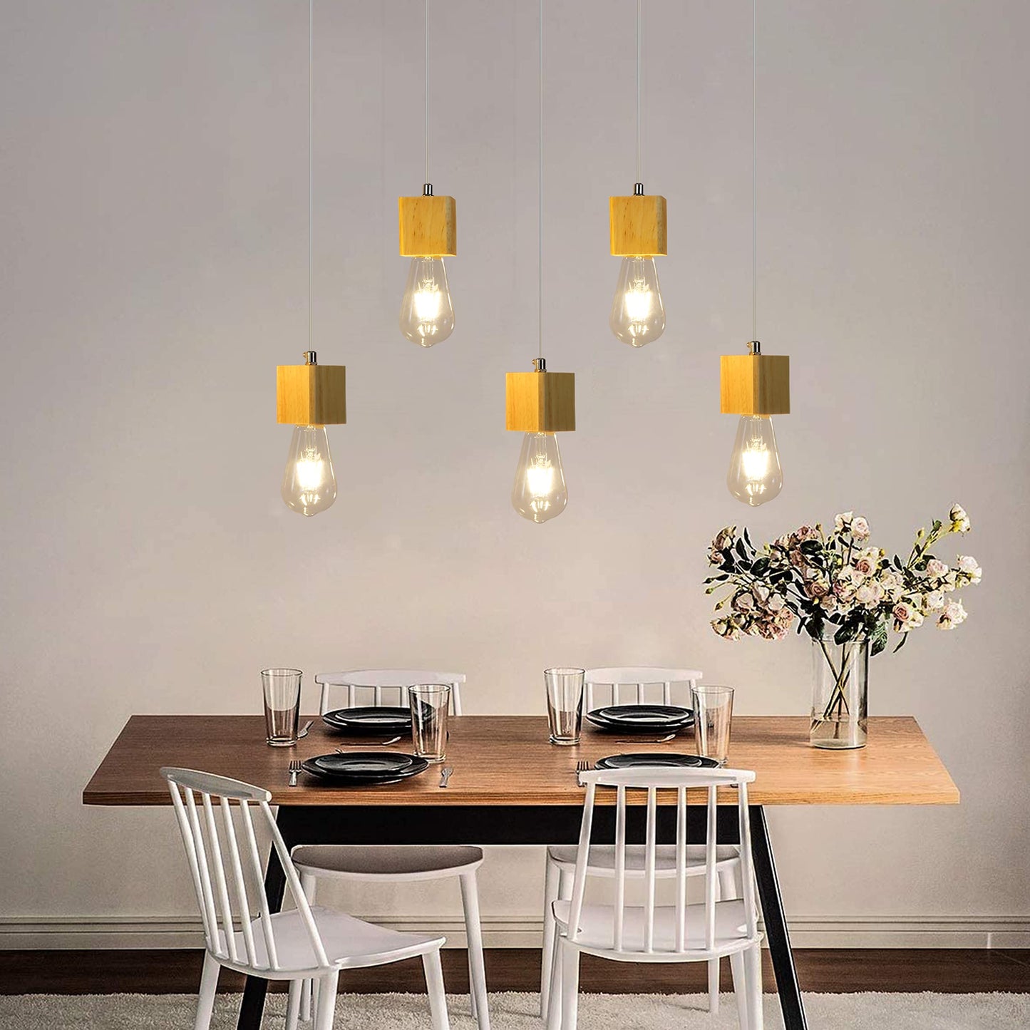 ZMH Pendelleuchte Holz Esstischlampe - 5 flammig Vintage H?ngelampe Esstischlampe H?ngeleuchte E27 Pendellampe f¨¹r Esszimmer K¨¹chen Wohnzimmer Restaurant Bar Ohne Leuchtmittel