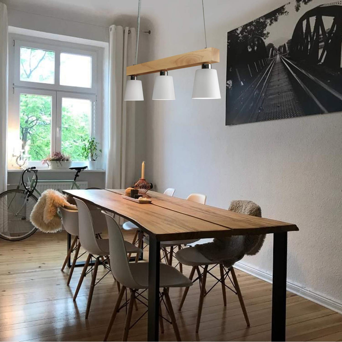 ZMH Pendelleuchte Esstisch Holz H?ngelampe 3 Flammig Warmwei? Vintage H?henverstellbar Esstischlampe H?ngend f¨¹r Esszimmer Wohnzimmer B¨¹ro Schlafzimmer K¨¹che boho - Wei? - E27 MAX.25W, 70x14x23CM