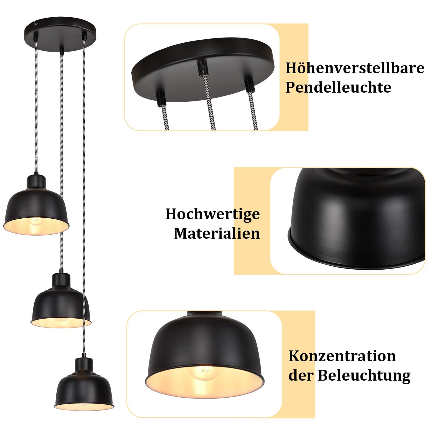 ZMH Pendelleuchte Esstisch H?ngelampe Vintage: Schwarz Esstischlampe E27 H?ngeleuchte Schlafzimmer Industrial Esszimmerlampe Retro K¨¹chenlampe mit 3 Flammig Pendellampe f¨¹r Wohnzimmer Hotel Restaurant