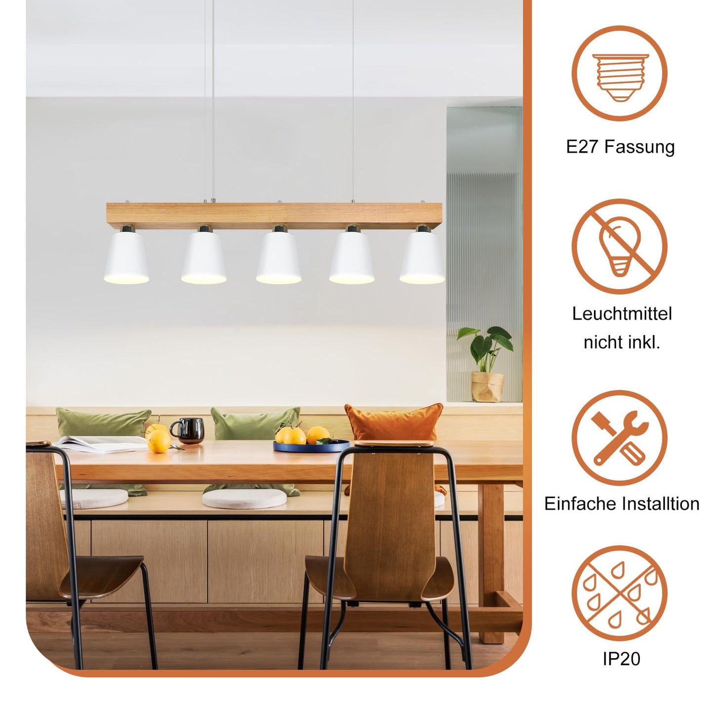 ZMH Pendelleuchte Esstisch K¨¹chenlampe H?ngend - H?ngelampe Wohnzimmer Pendellampe Holz Modern Esstischlampe E27 Esszimmer H?ngeleuchte 5 Flammig Wei? Esszimmerlampe f¨¹r Flur Hotel (ohne Leuchtmittel)