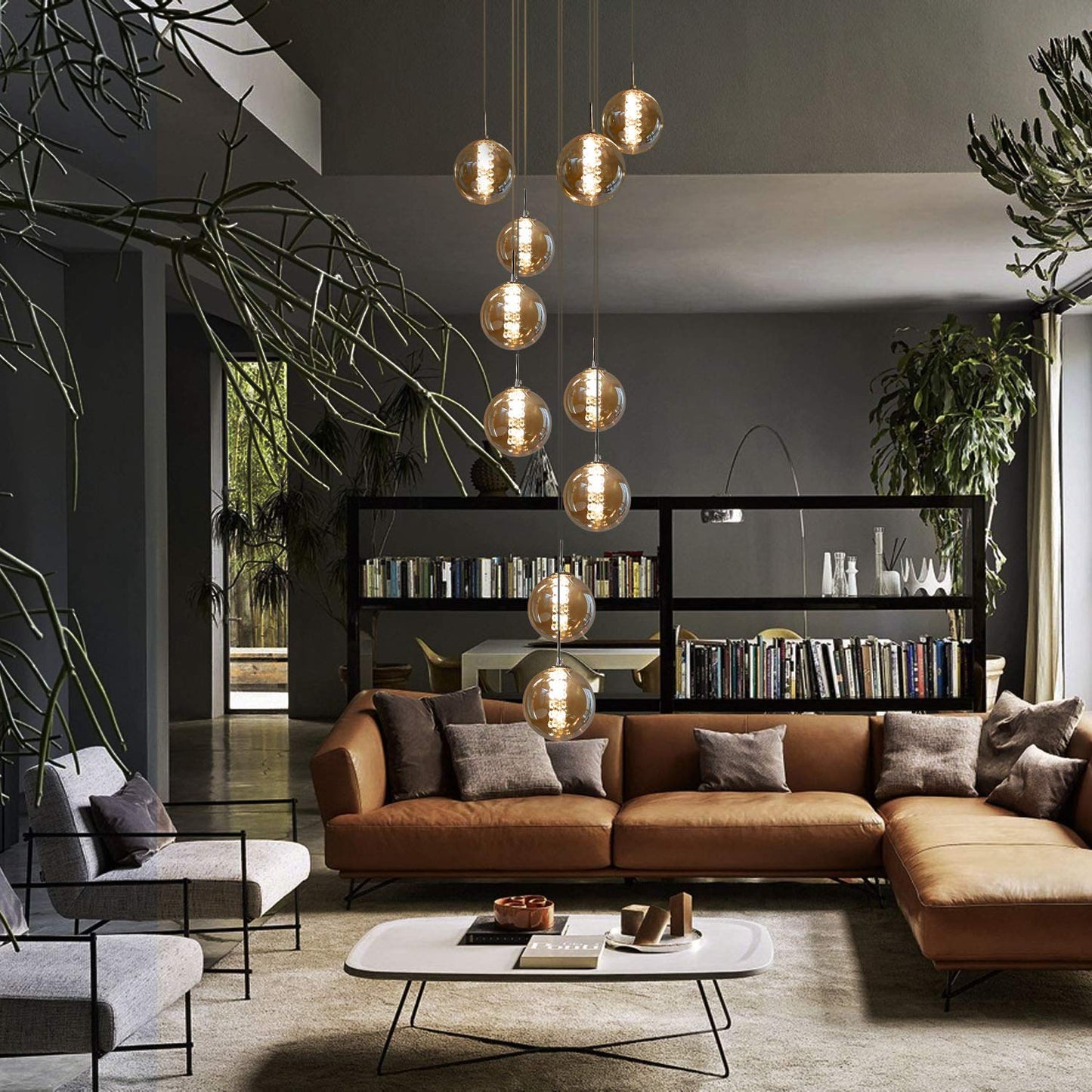 ZMH Pendelleuchte esstisch Pendellampe H?henverstellbar Kronleuchter H?ngeleuchte 10-Flammig aus Glas in Farbe Bernstein K¨¹chen Wohnzimmerlampe Schlafzimmerlampe Flurlampe