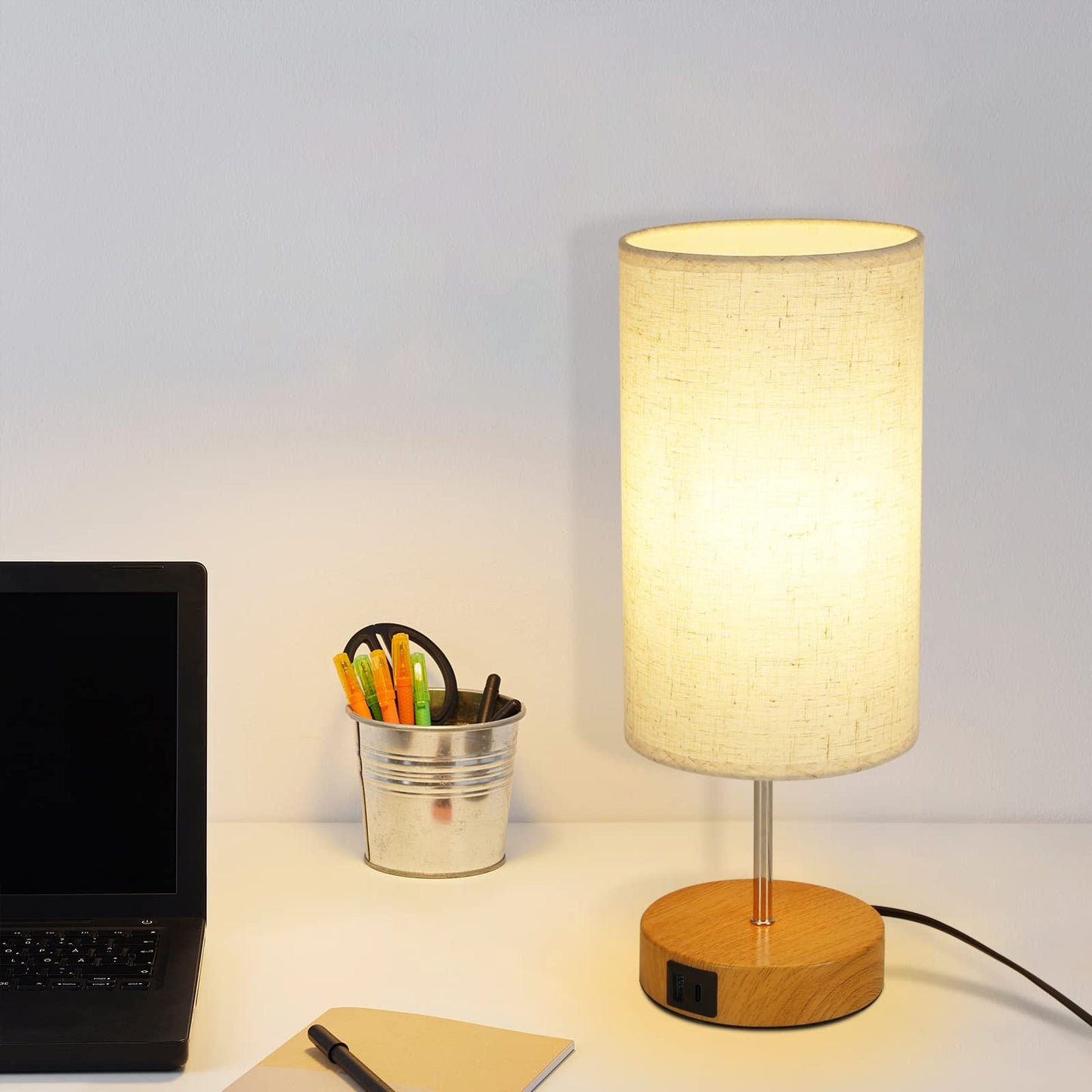 ZMH Nachttischlampe Touch Dimmbar mit Ladefunktion - Vintage Tischlampe mit USB Anschl¨¹sse Nachttisch Lampe Holzoptik Bettlampe mit Stoffschirm Tischleuchte E27 f¨¹r Schlafzimmer Hotel Bett Flur