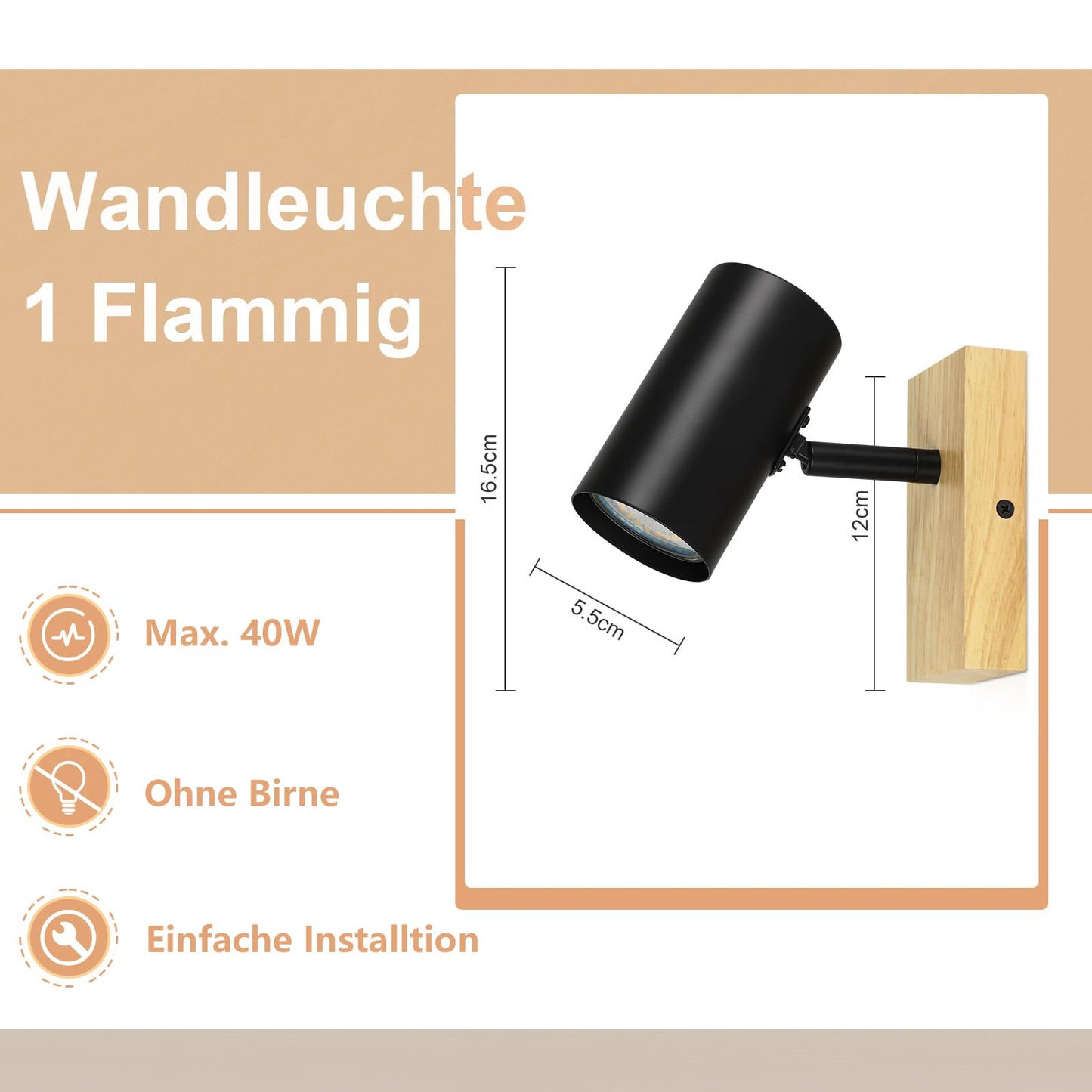 ZMH Deckenstrahler 1 Flammig Deckenleuchte Holz - Deckenlampe Flur Schwarz Metall Modern GU10 350¡ãDeckenspot Drehbar f¨¹r Wohnzimmer Schlafzimmer K¨¹che,Ohne Leuchtmittel Max.40W