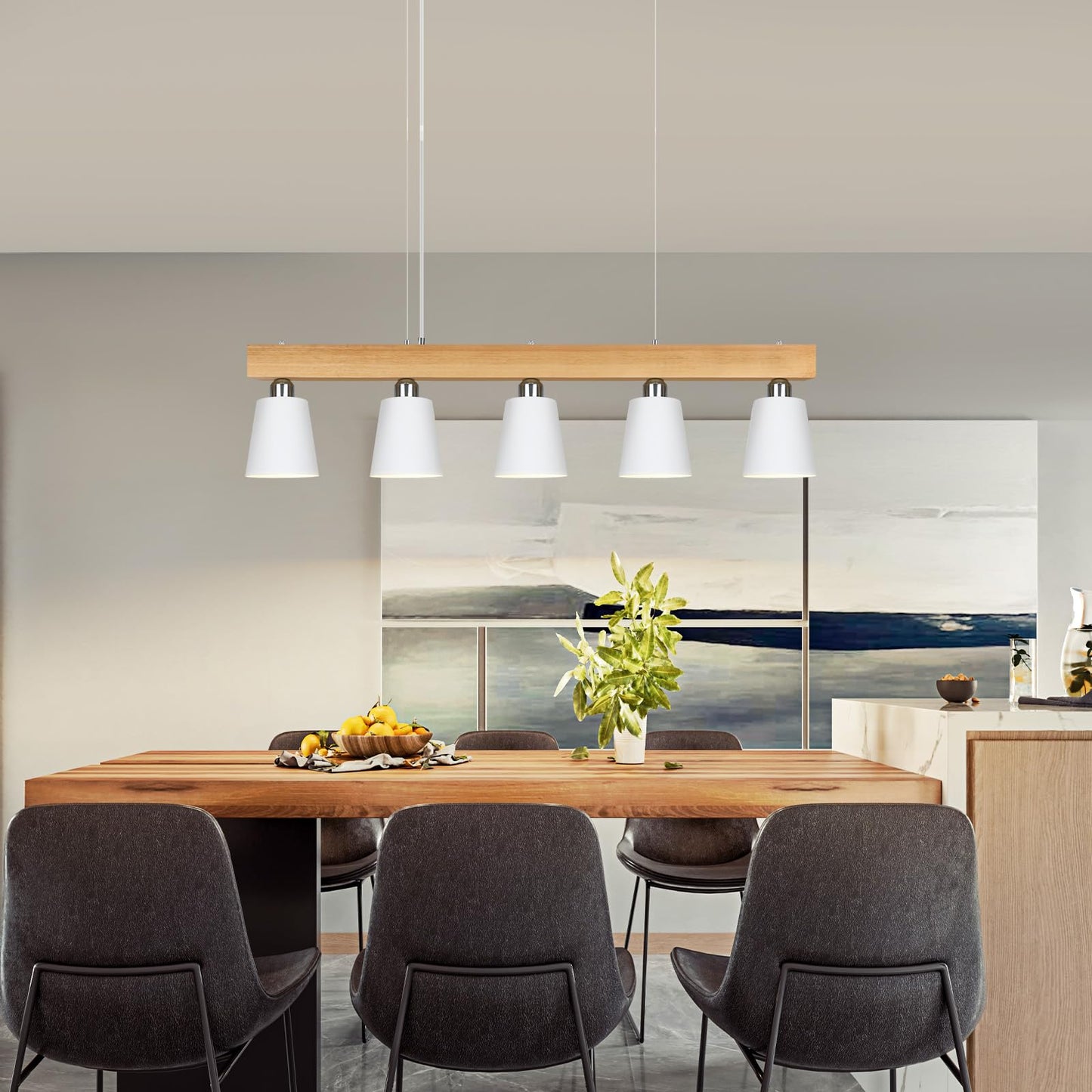 ZMH Pendelleuchte Esstisch K¨¹chenlampe H?ngend - H?ngelampe Wohnzimmer Pendellampe Holz Modern Esstischlampe E27 Esszimmer H?ngeleuchte 5 Flammig Wei? Esszimmerlampe f¨¹r Flur Hotel (ohne Leuchtmittel)