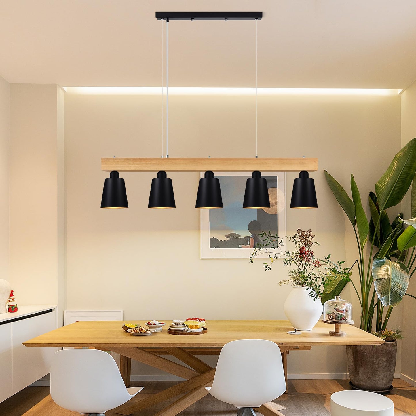 ZMH H?ngelampe Esstisch Pendelleuchte Schwarz - H?ngeleuchte Schlafzimmer Modern Esszimmerlampe Holz E27 Pendellampe Esszimmer 5 Flammig Esstischlampe Rustikal f¨¹r K¨¹che Hotel Flur(ohne Leuchtmittel)