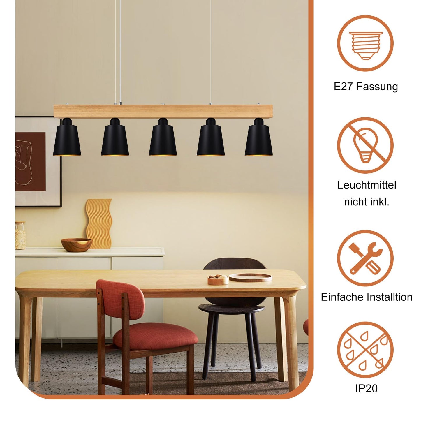 ZMH H?ngelampe Esstisch Pendelleuchte Schwarz - H?ngeleuchte Schlafzimmer Modern Esszimmerlampe Holz E27 Pendellampe Esszimmer 5 Flammig Esstischlampe Rustikal f¨¹r K¨¹che Hotel Flur(ohne Leuchtmittel)