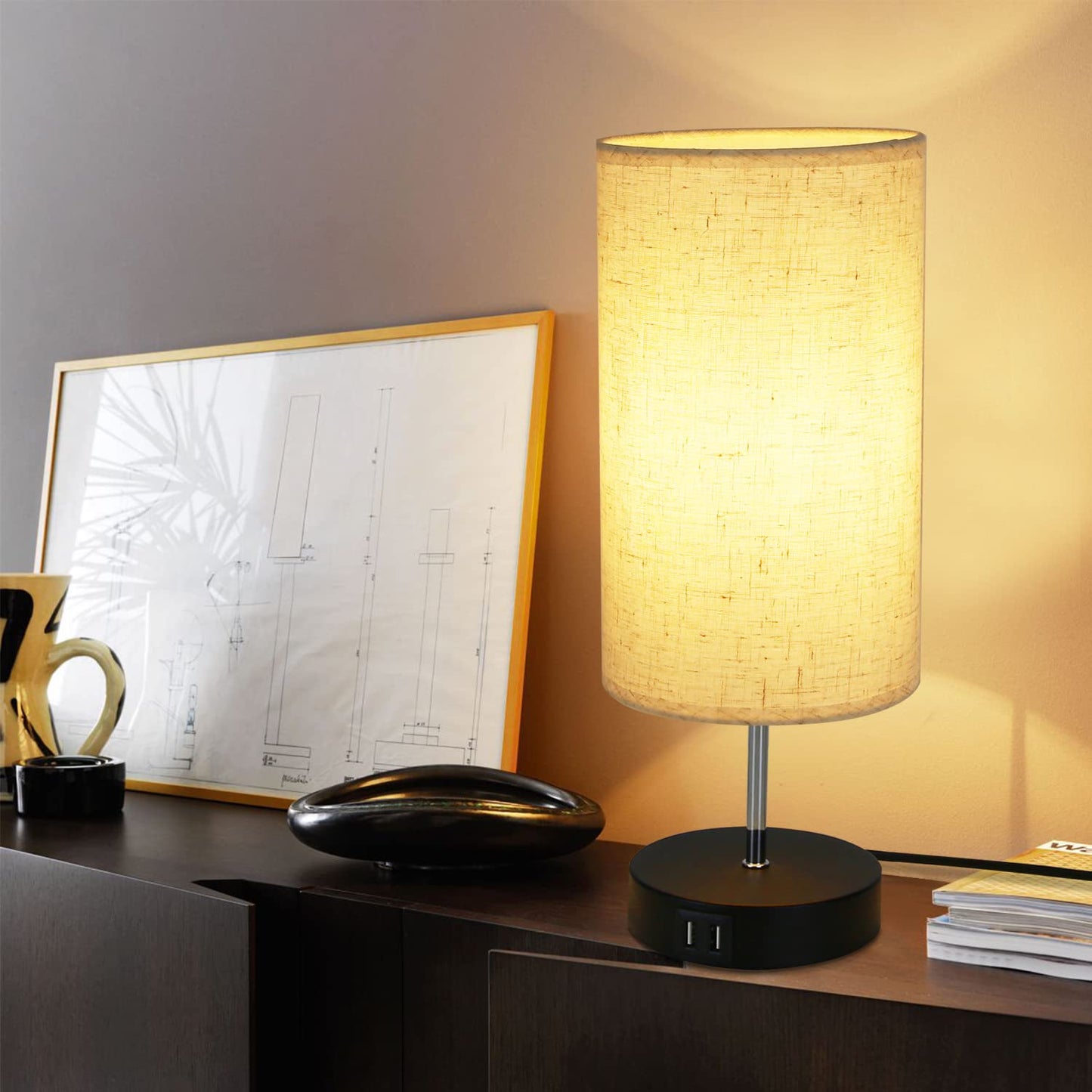 ZMH Tischlampe Touch Nachttischlampe - USB Schwarz Vintage Dimmbar Tischleuchte E27 mit Ladefunktion Stoff Lampenschirm f¨¹r Modern Deko Schlafzimmer, Geschenk, Wohnzimmer