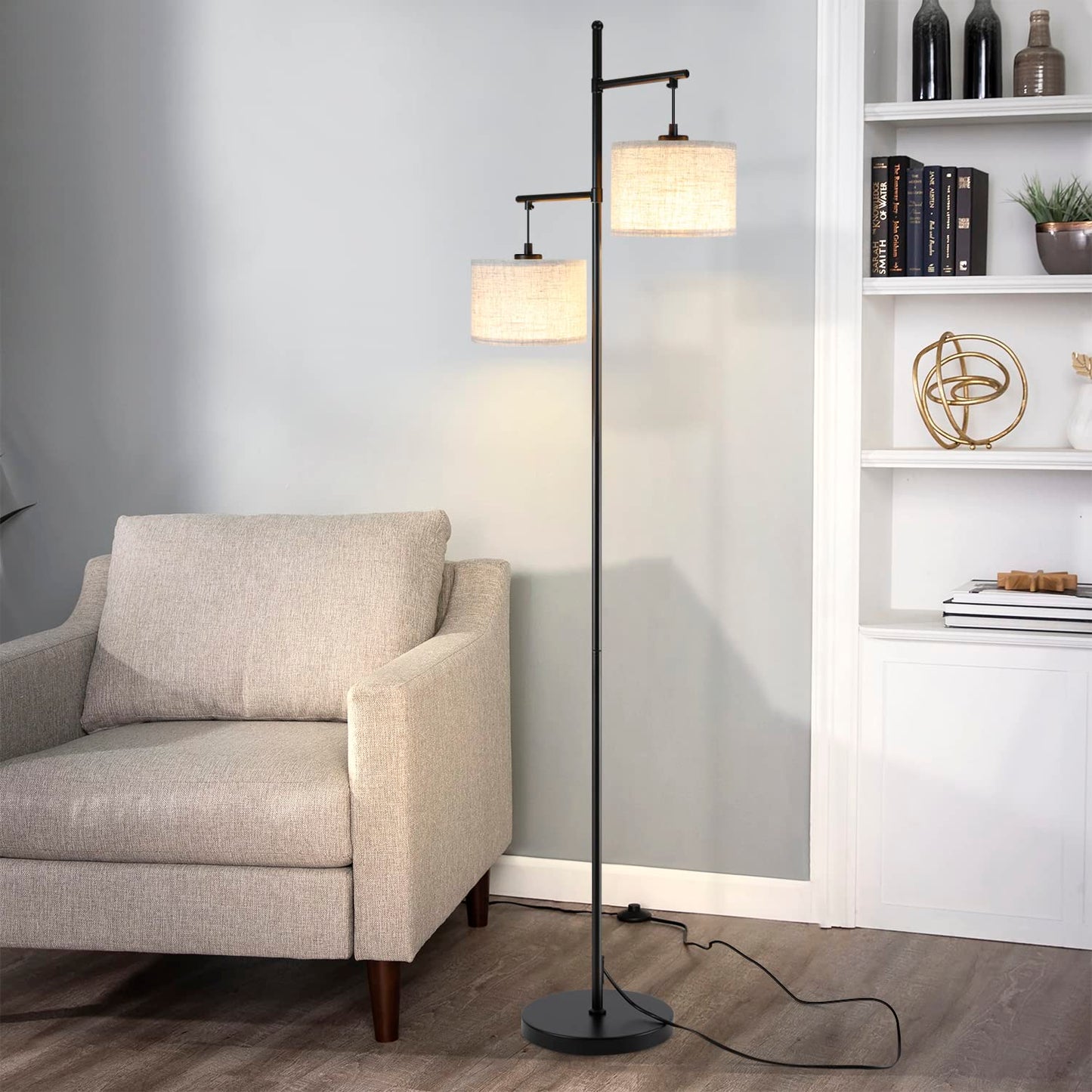 ZMH ZMH Stehlampe Wohnzimmer Modern Stehleuchte - Schwarz E27 Standleuchte Vintage 2 Flammig Bettlampe Wei? Stoff Design Standlampe Boho Deko Leselampe Max.25W mit Fu?schalte f¨¹r B¨¹ro Schlafzimmer
