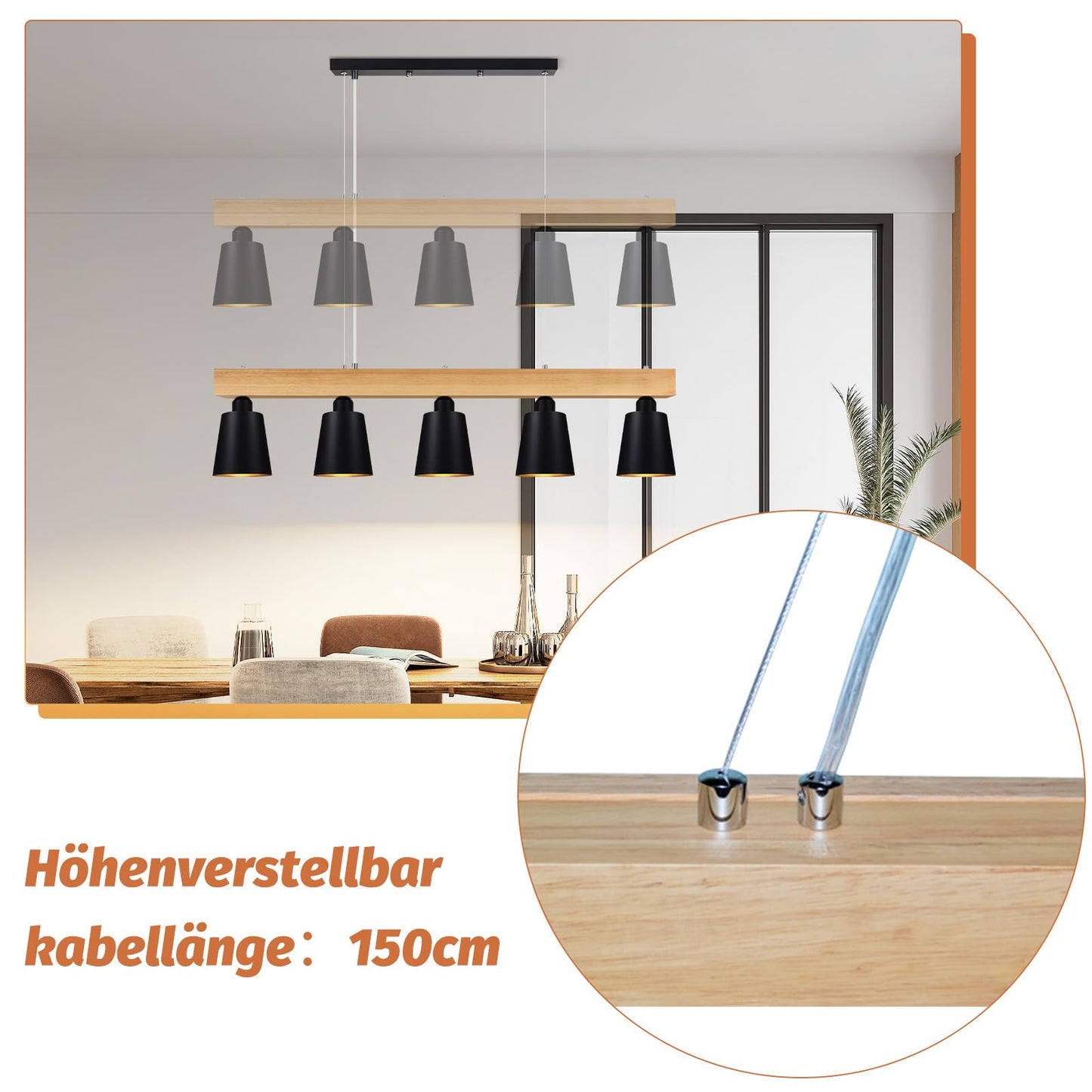 ZMH H?ngelampe Esstisch Pendelleuchte Schwarz - H?ngeleuchte Schlafzimmer Modern Esszimmerlampe Holz E27 Pendellampe Esszimmer 5 Flammig Esstischlampe Rustikal f¨¹r K¨¹che Hotel Flur(ohne Leuchtmittel)
