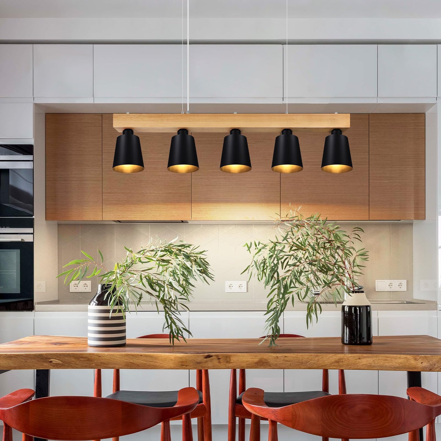 ZMH H?ngelampe Esstisch Pendelleuchte Schwarz - H?ngeleuchte Schlafzimmer Modern Esszimmerlampe Holz E27 Pendellampe Esszimmer 5 Flammig Esstischlampe Rustikal f¨¹r K¨¹che Hotel Flur(ohne Leuchtmittel)