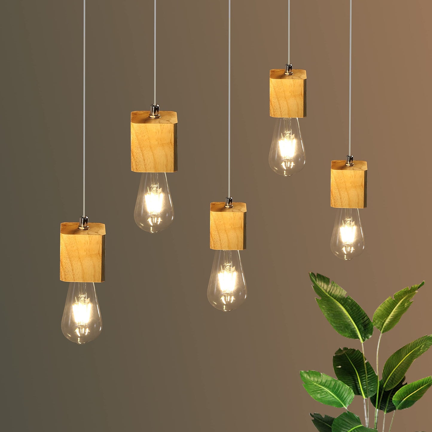 ZMH Pendelleuchte Holz Esstischlampe - 5 flammig Vintage H?ngelampe Esstischlampe H?ngeleuchte E27 Pendellampe f¨¹r Esszimmer K¨¹chen Wohnzimmer Restaurant Bar Ohne Leuchtmittel