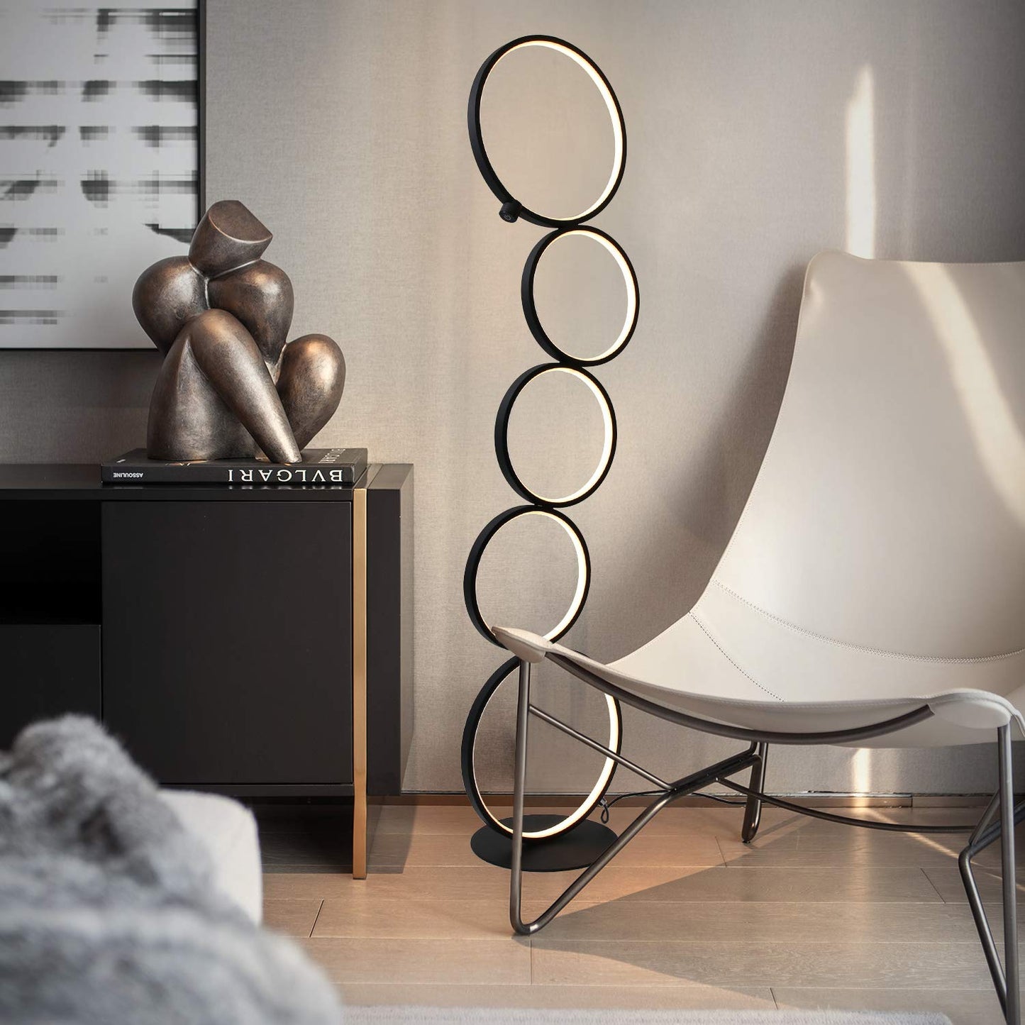 ZMH LED Dimmbar Stehlampe Modern Standlampe 32W Touch Switch Stehleuchte Warmwei? 3000K Aluminium 5-flammig Ringf?rmige Schwarz Standleuchte f¨¹r Schlafzimmer Wohnzimmer Arbeitszimmer