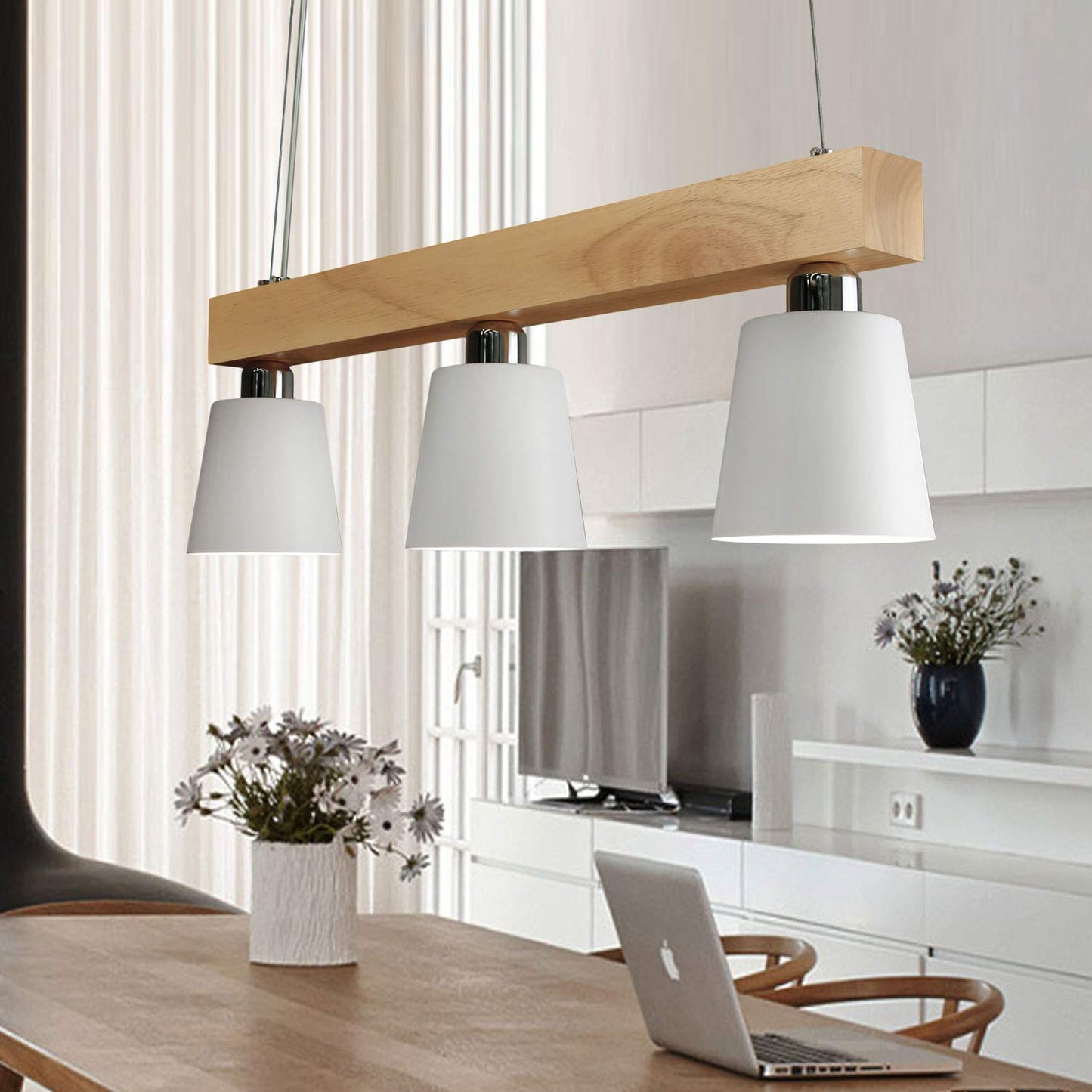 ZMH Pendelleuchte Esstisch Holz H?ngelampe 3 Flammig Warmwei? Vintage H?henverstellbar Esstischlampe H?ngend f¨¹r Esszimmer Wohnzimmer B¨¹ro Schlafzimmer K¨¹che boho - Wei? - E27 MAX.25W, 70x14x23CM