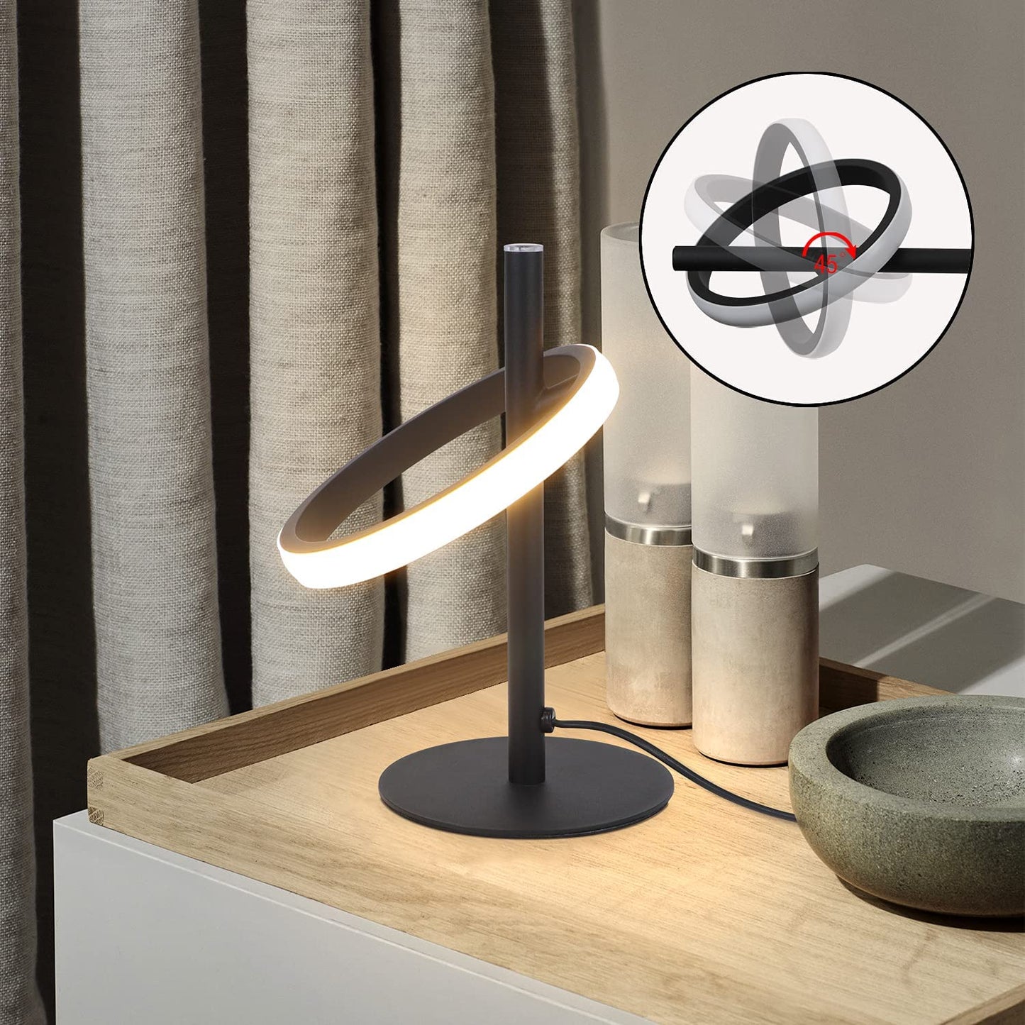 ZMH 2Er Tischlampe LED Tischleuchte Touch Dimmbar - Nachttischlampe Schwarz Nachttischleuchte Drehbaren Ringe 6W 3000K Warmwei? f¨¹r Schlafzimmer Bett Wohnzimmer Kinderzimmer Bar Restaurant