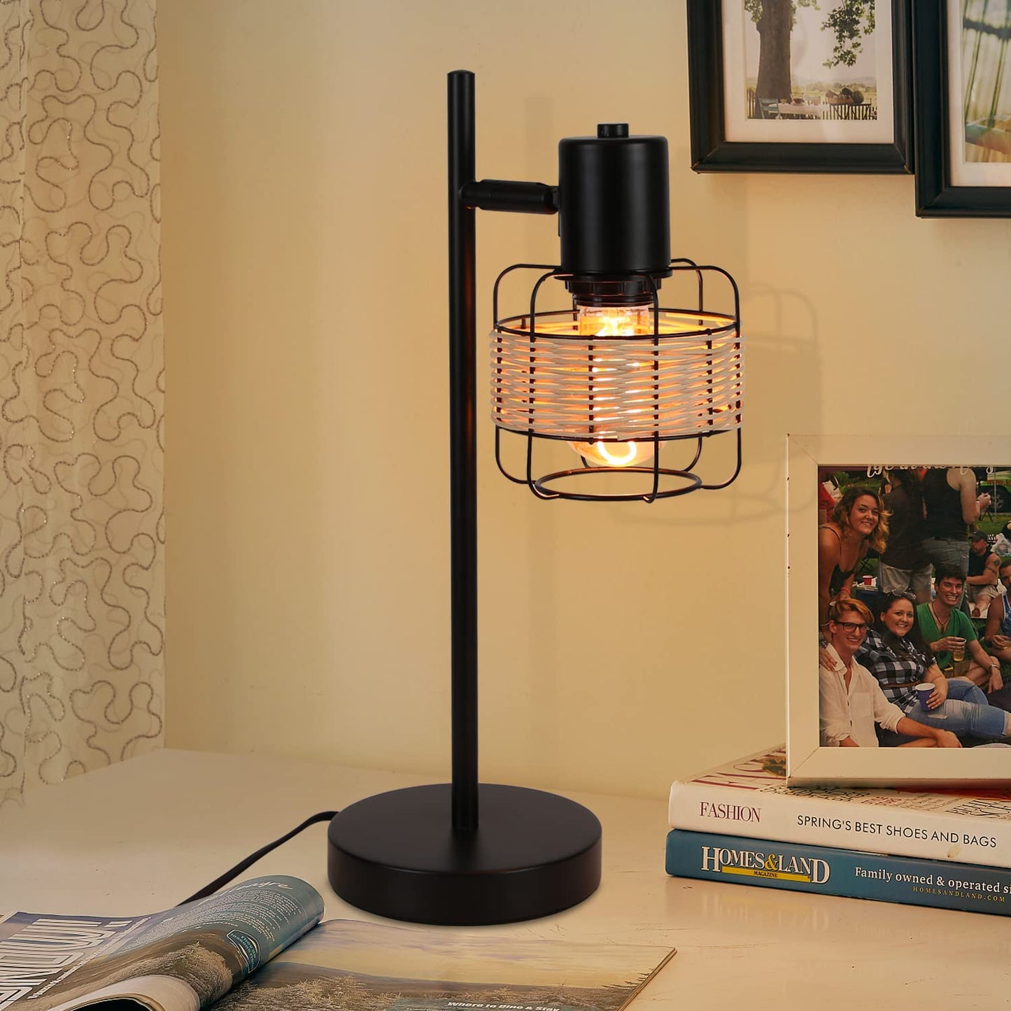 ZMH Tischlampe Vintage Landhaus Tischleuchte - Rattan Nachttischlampe Retro Schwarz Rustikal aus Bambus Metall mit Schalter E27 Boho in Natur Schwenkbar 120¡ã f¨¹r Wohnzimmer Schlafzimmer