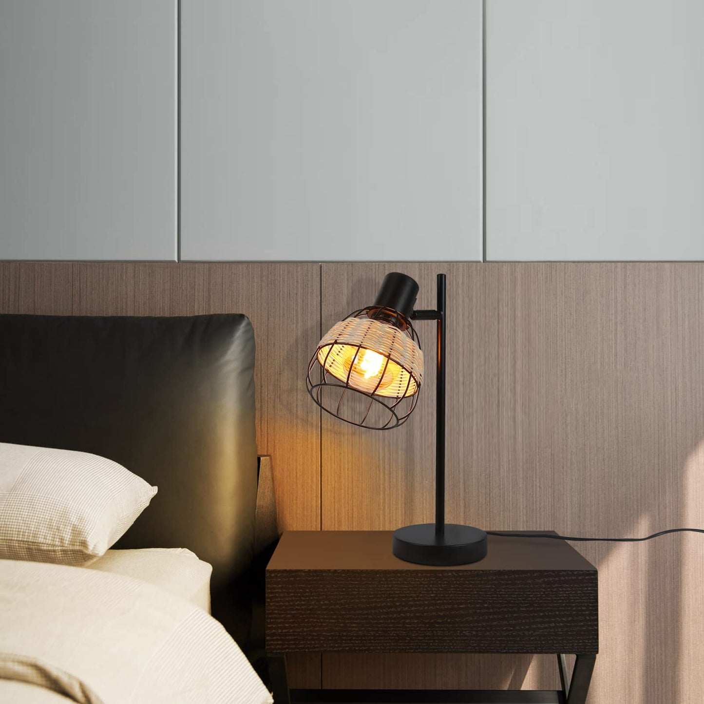 ZMH Tischlampe Vintage Tischleuchte Wohnzimmer Schwarz - E27 Nachttischlampe Retro Rattan Bambus Schwenkbar Lampenschirm Nachttischleuchte mit Schalter Max.40W Deko Schlafzimmer - Ohne Gl¨¹hbirne