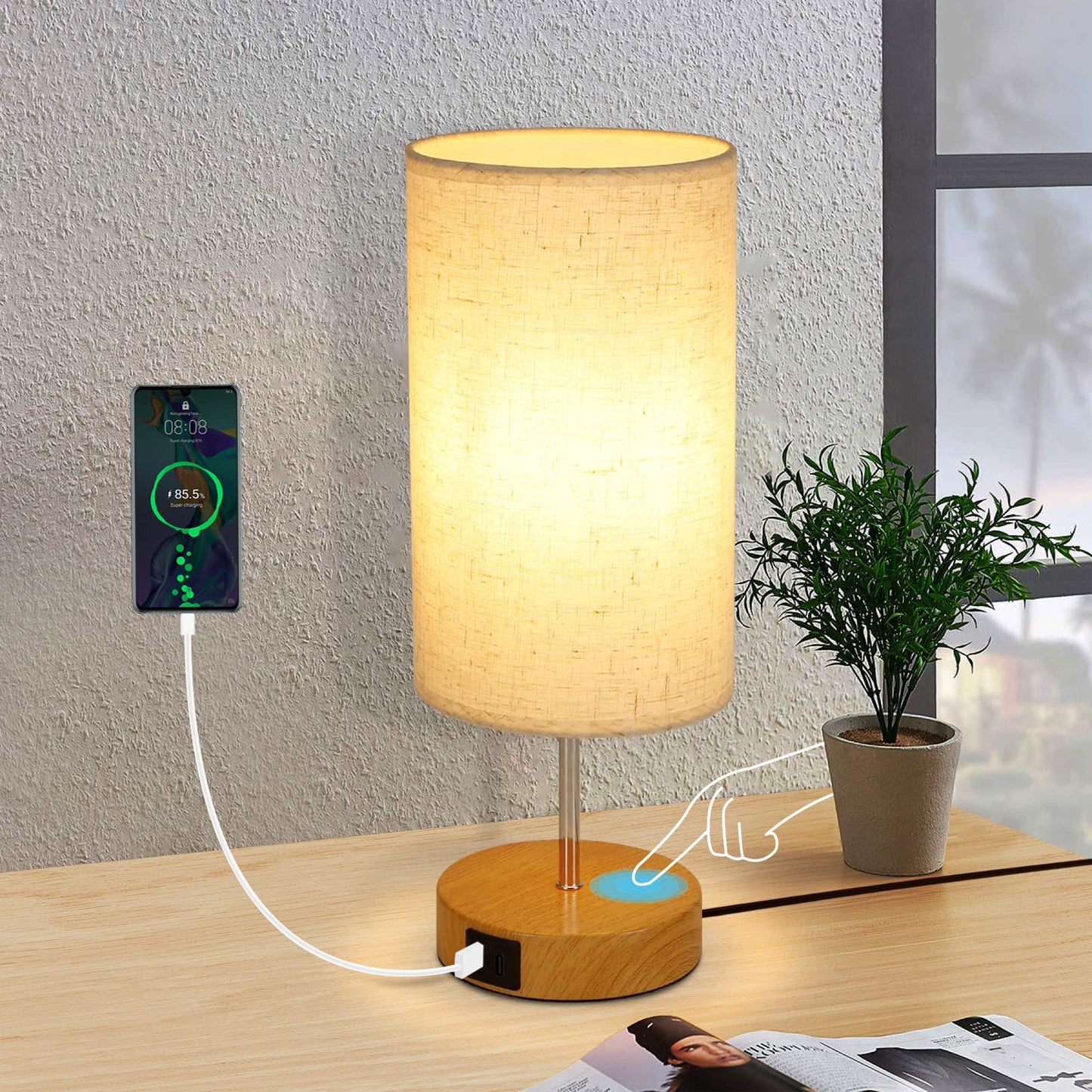 ZMH Nachttischlampe Touch Dimmbar mit Ladefunktion - Vintage Tischlampe mit USB Anschl¨¹sse Nachttisch Lampe Holzoptik Bettlampe mit Stoffschirm Tischleuchte E27 f¨¹r Schlafzimmer Hotel Bett Flur