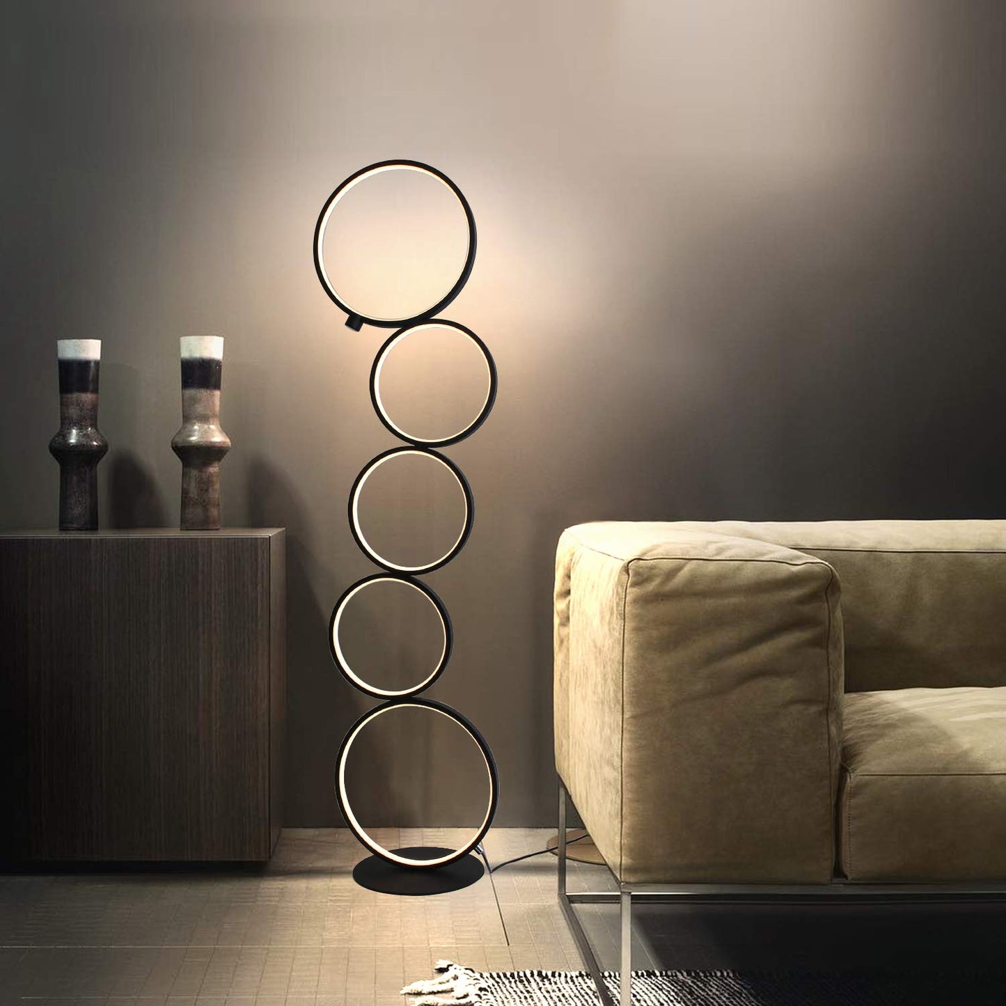 ZMH LED Dimmbar Stehlampe Modern Standlampe 32W Touch Switch Stehleuchte Warmwei? 3000K Aluminium 5-flammig Ringf?rmige Schwarz Standleuchte f¨¹r Schlafzimmer Wohnzimmer Arbeitszimmer