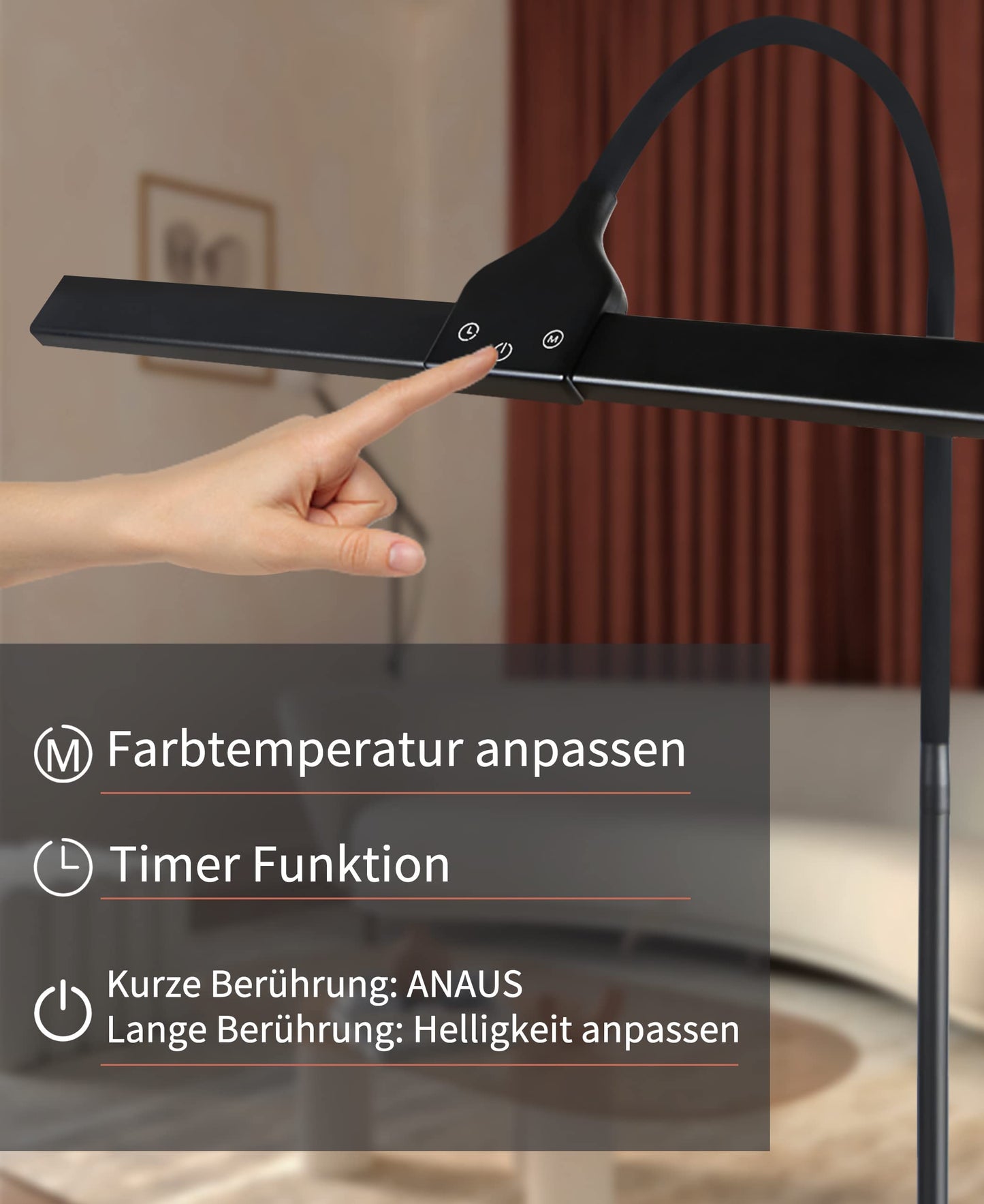 ZMH LED Stehlampe Standleuchte Leselampe - 156CM Stehleuchte Dimmbar B¨¹ro Standlampe Schlafzimmer Schwarz Modern Touch 10W Lesestehlampe mit Timer und Memory Funktion f¨¹r Wohnzimmer
