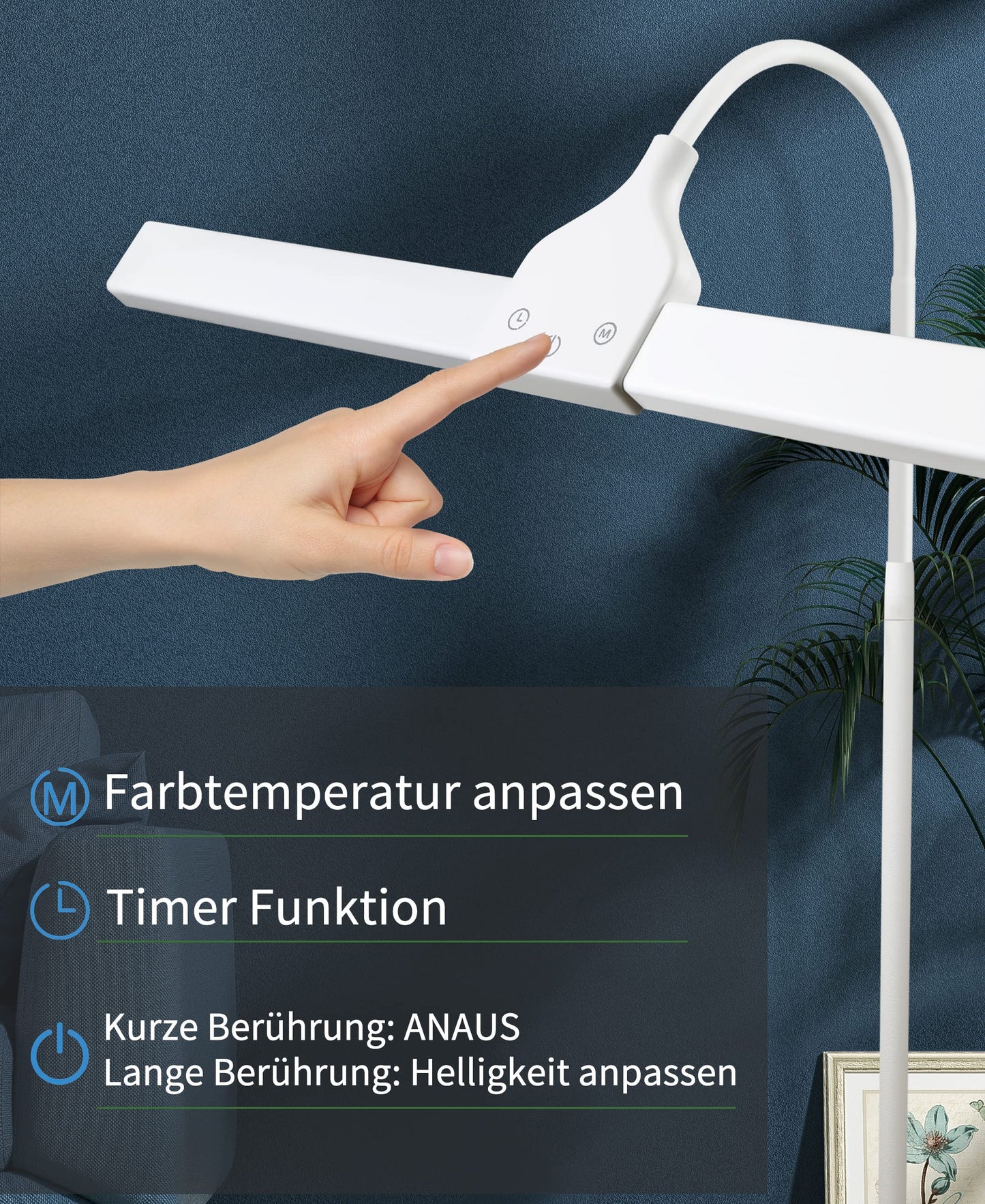 ZMH LED Stehlampe Stehleuchte Dimmbar - Modern Touch Control Leselampe Wohnzimmer 10W mit Timer und Memory Funktion Touch Flexibler Schwanenhals Modern Standleuchte f¨¹r Schlafzimmer