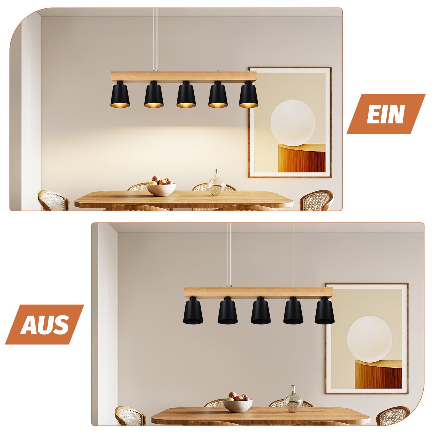 ZMH H?ngelampe Esstisch Pendelleuchte Schwarz - H?ngeleuchte Schlafzimmer Modern Esszimmerlampe Holz E27 Pendellampe Esszimmer 5 Flammig Esstischlampe Rustikal f¨¹r K¨¹che Hotel Flur(ohne Leuchtmittel)