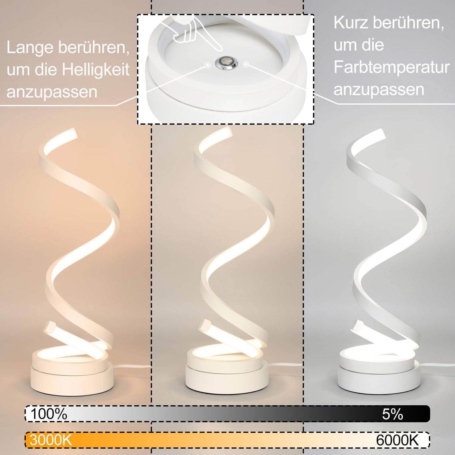 ZMH LED Tischlampe Touch Dimmbar Nachttischlampe : Modern Tischleuchte 12W Schreibtischlampe mit 1,6M Kabel Spiral Bettlampe Schlafzimmerlampe aus Metall Nachtlampe Dekolampe f¨¹r Wohnzimmer B¨¹ro