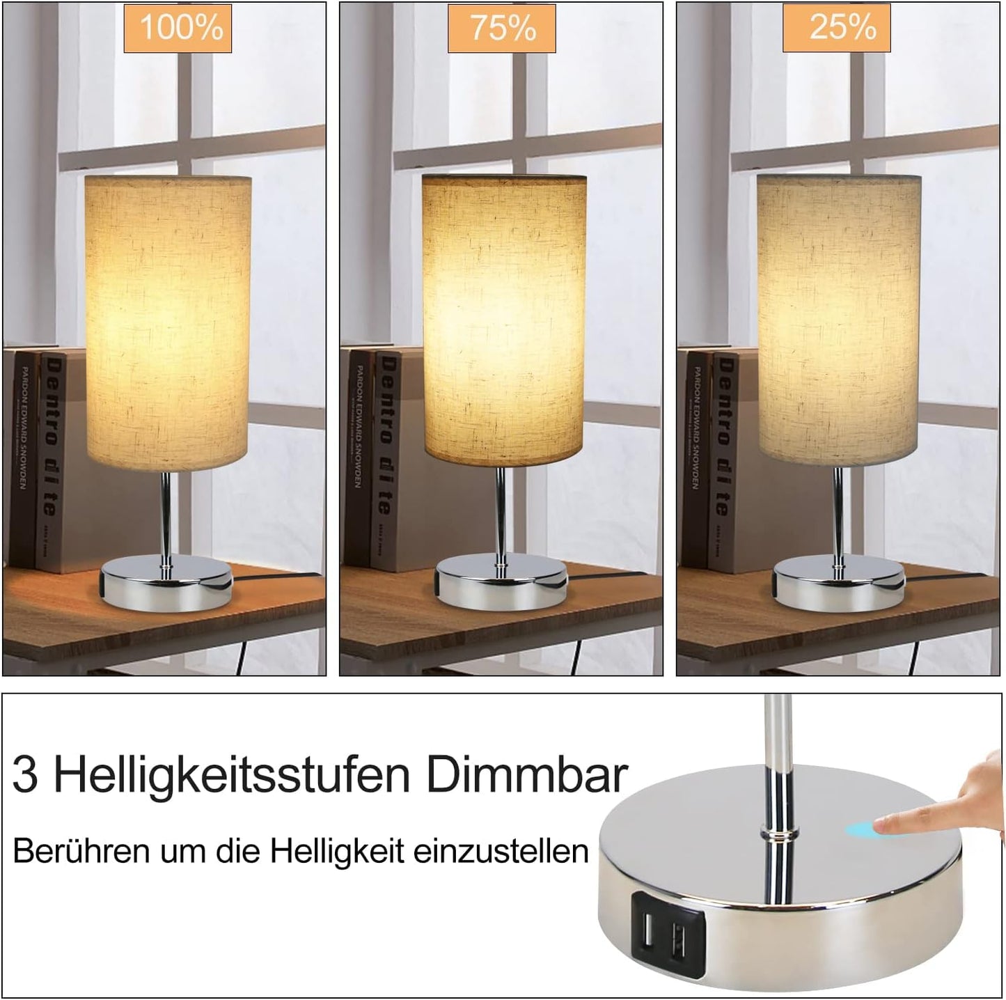 ZMH Nachttischlampe mit Ladefunktion Touch - Tischlampe E27 Warmwei? Dimmbar Nachtlicht USB Stoff Lampenschirm f¨¹r Modern Deko, Wohnzimmer, Geschenk, Esszimmer, Schlafzimmer