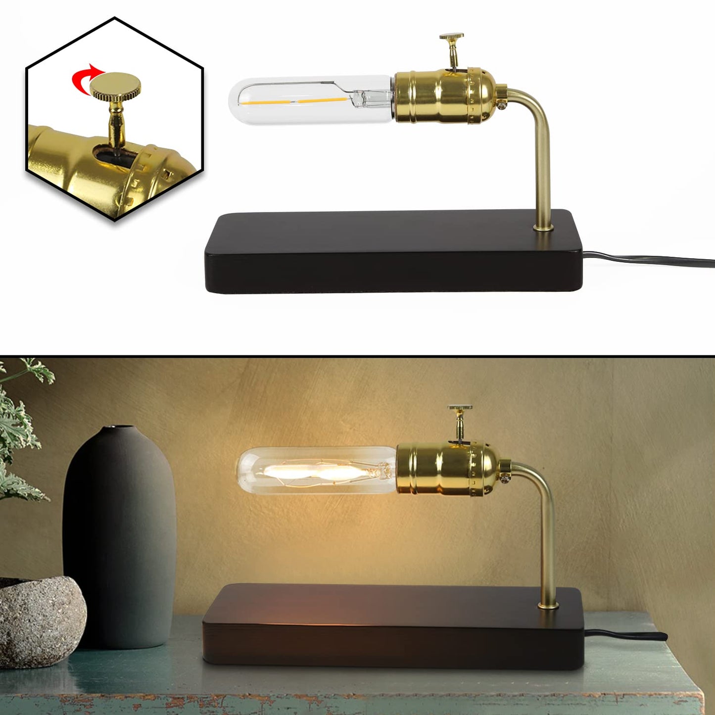 ZMH Vintage Tischlampe Holztischlampe - Industrielle Nachttischlampe mit Schalter Retro Design Nachtlampe Steampunk Antik Metall F¨¹r Wohnzimmer Schlafzimmer Bett B¨¹ro Hotel(ohne Leuchtmittel)