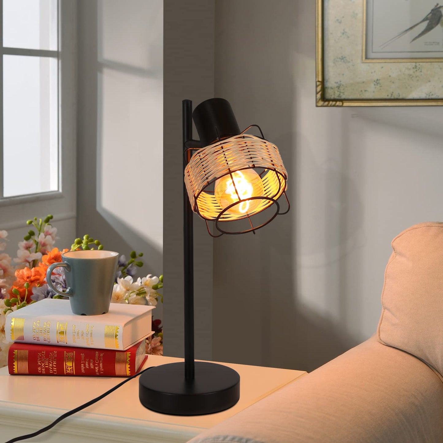 ZMH Tischlampe Vintage Landhaus Tischleuchte - Rattan Nachttischlampe Retro Schwarz Rustikal aus Bambus Metall mit Schalter E27 Boho in Natur Schwenkbar 120¡ã f¨¹r Wohnzimmer Schlafzimmer