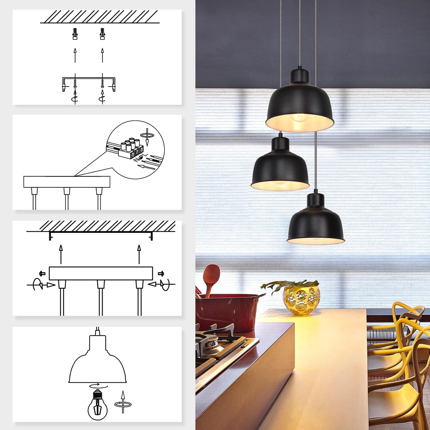 ZMH Pendelleuchte Esstisch H?ngelampe Vintage: Schwarz Esstischlampe E27 H?ngeleuchte Schlafzimmer Industrial Esszimmerlampe Retro K¨¹chenlampe mit 3 Flammig Pendellampe f¨¹r Wohnzimmer Hotel Restaurant