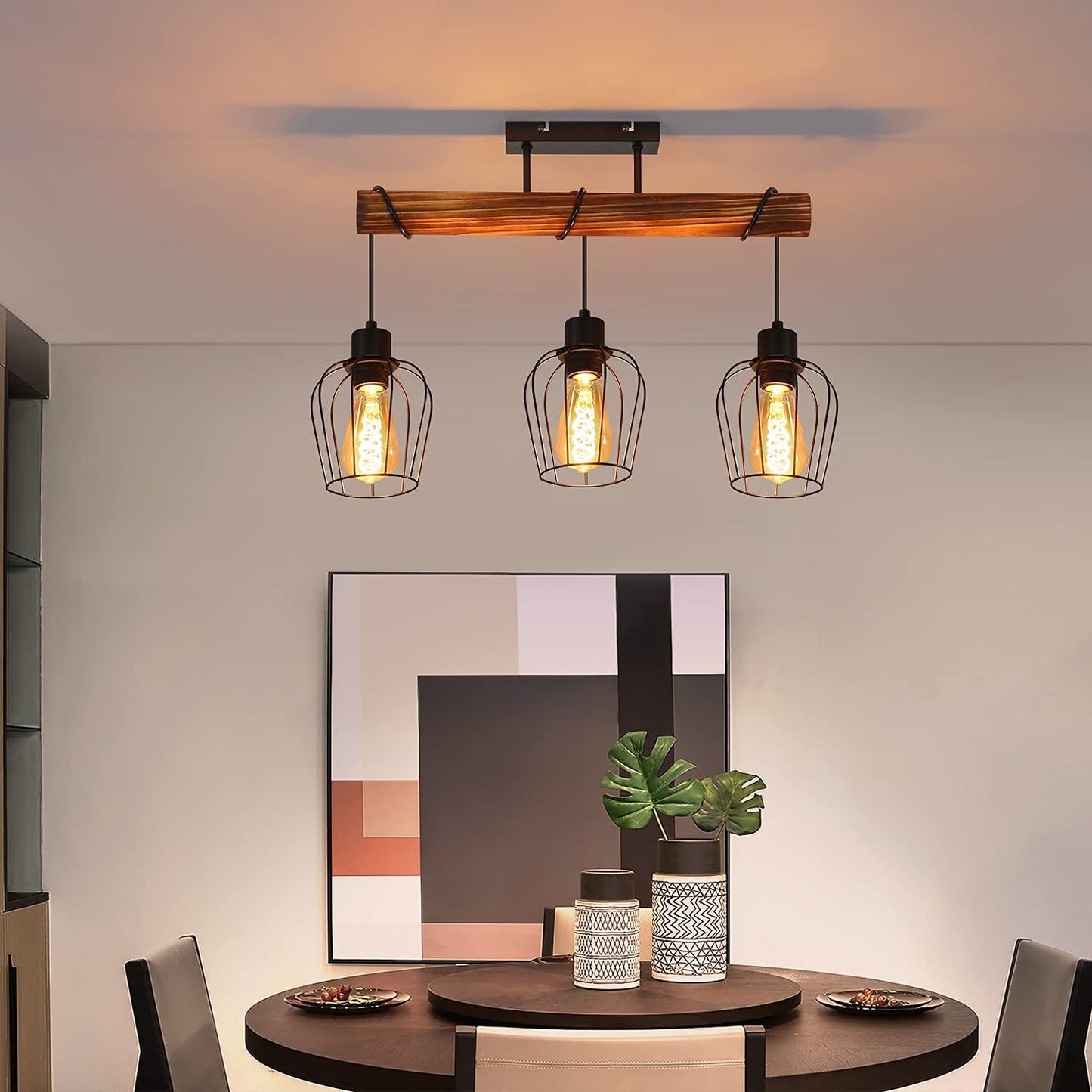 ZMH Retro Deckenleuchte Vintage Deckenlampe 3 flammige Holz Wohnzimmerlampe im Industrial Design mit h?henverstellbaren Strahlern aus Metall und Holz - Schwarz - Fassung: E27 - ohne Leuchtmittel