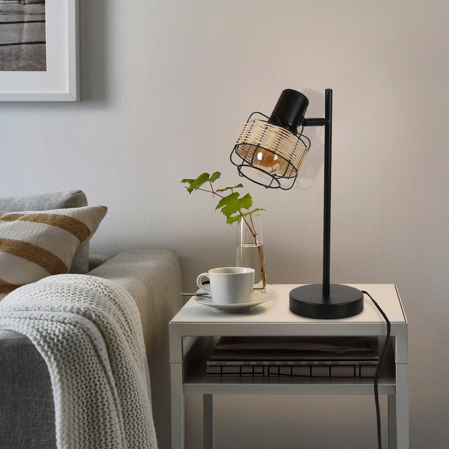 ZMH Tischlampe Vintage Landhaus Tischleuchte - Rattan Nachttischlampe Retro Schwarz Rustikal aus Bambus Metall mit Schalter E27 Boho in Natur Schwenkbar 120¡ã f¨¹r Wohnzimmer Schlafzimmer