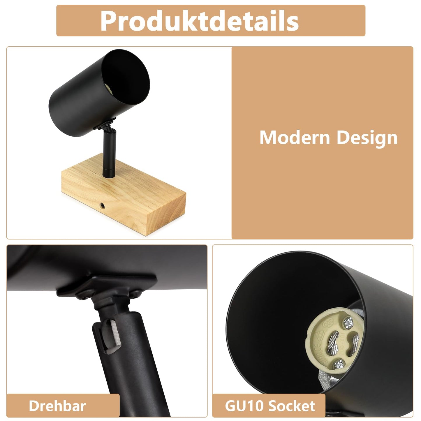 ZMH Deckenstrahler 1 Flammig Deckenleuchte Holz - Deckenlampe Flur Schwarz Metall Modern GU10 350¡ãDeckenspot Drehbar f¨¹r Wohnzimmer Schlafzimmer K¨¹che,Ohne Leuchtmittel Max.40W
