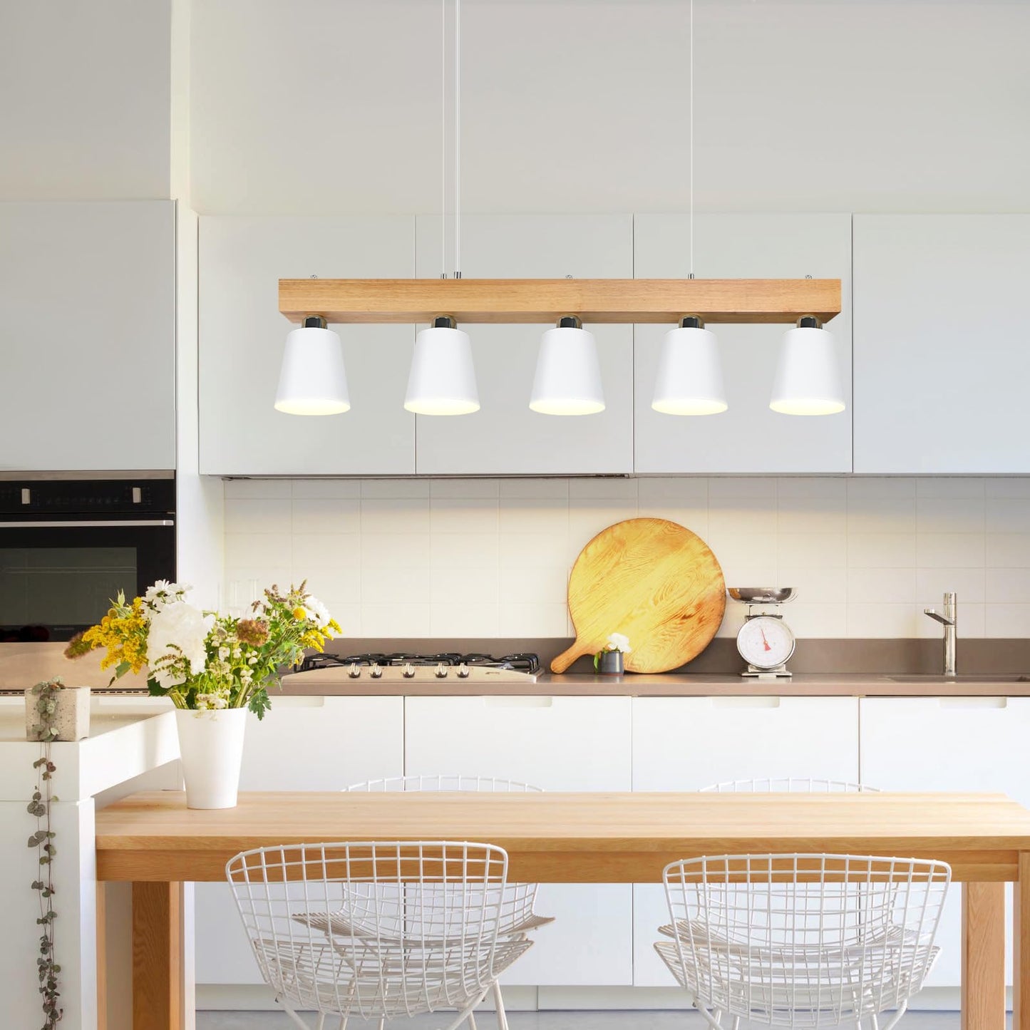 ZMH Pendelleuchte Esstisch K¨¹chenlampe H?ngend - H?ngelampe Wohnzimmer Pendellampe Holz Modern Esstischlampe E27 Esszimmer H?ngeleuchte 5 Flammig Wei? Esszimmerlampe f¨¹r Flur Hotel (ohne Leuchtmittel)