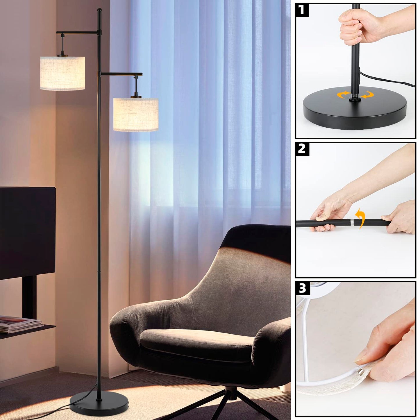 ZMH ZMH Stehlampe Wohnzimmer Modern Stehleuchte - Schwarz E27 Standleuchte Vintage 2 Flammig Bettlampe Wei? Stoff Design Standlampe Boho Deko Leselampe Max.25W mit Fu?schalte f¨¹r B¨¹ro Schlafzimmer