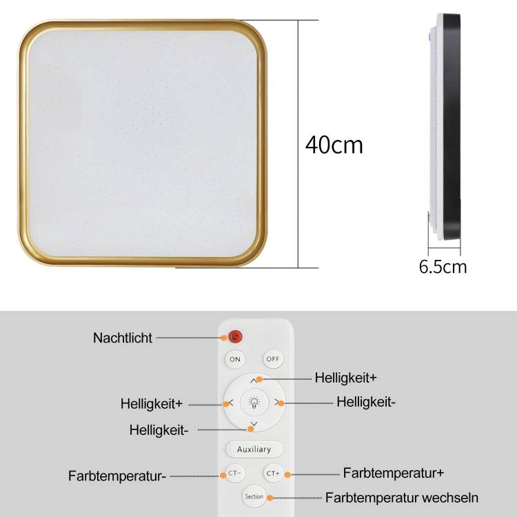 ZMH Deckenlampe LED Deckenleuchte Wohnzimmer - 40cm Wohnzimmerlampe Dimmbar mit Fernbedienung 44W Schlafzimmerlampe Schwarz Gold Schlafzimmer Deckenbeleuchtung Modern Quadratisch f¨¹r K¨¹che Flur