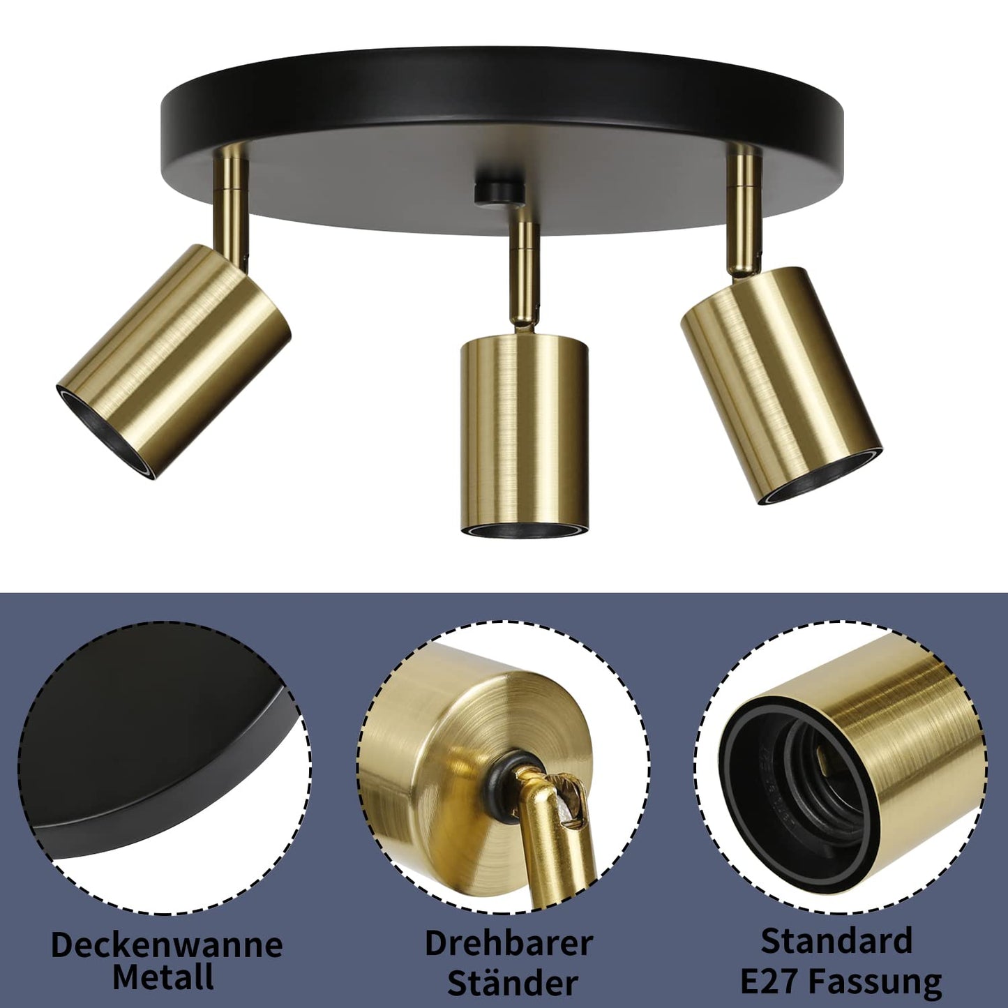 ZMH Deckenlampe Vintage 3 Flammig Deckenstrahler - Rund Deckenleuchte Modern Schlafzimmerlampe Schwarzgold E27 Kronleuchter Industrial Schwenkbar f¨¹r Schlafzimmer Esszimmer K¨¹che Flur Wohnzimmer