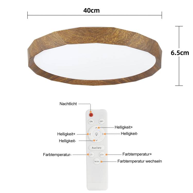 ZMH Deckenlampe LED Deckenleuchte Wohnzimmer - 43W Schlafzimmer Deckenbeleuchtung ?40cm Wohnzimmerlampe Boho Rund Sternenhimmel Dimmbar mit Fernbedienung Modern Holzoptik f¨¹r K¨¹che Flur Esszimmer